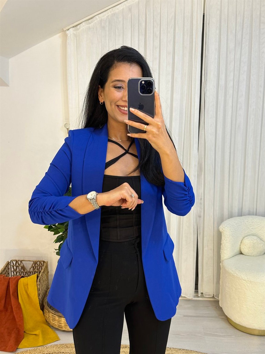 Kadın Saks Mavisi Büzgülü Blazer Ceket