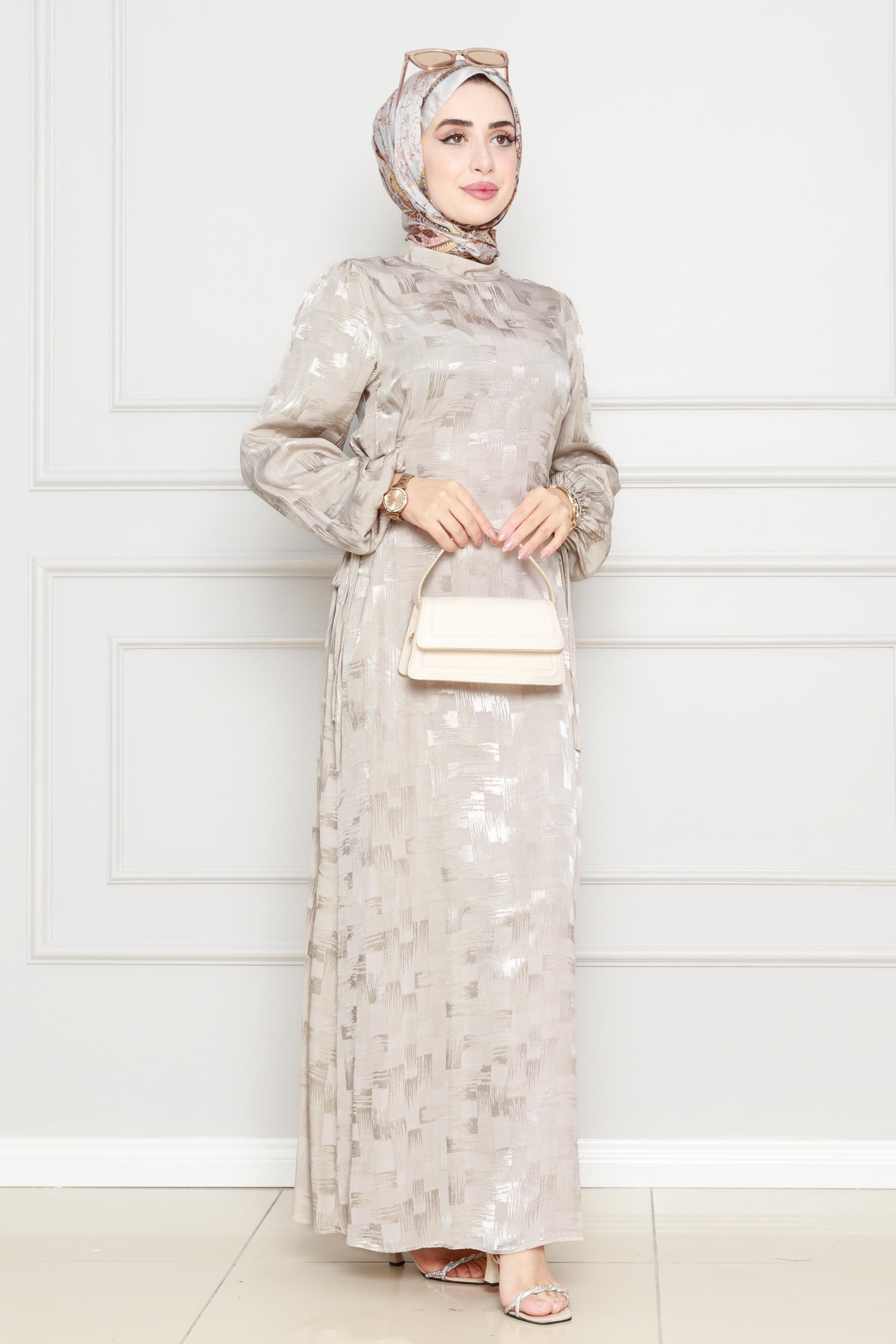 Side Laced Satin Evening Dress-Beige color