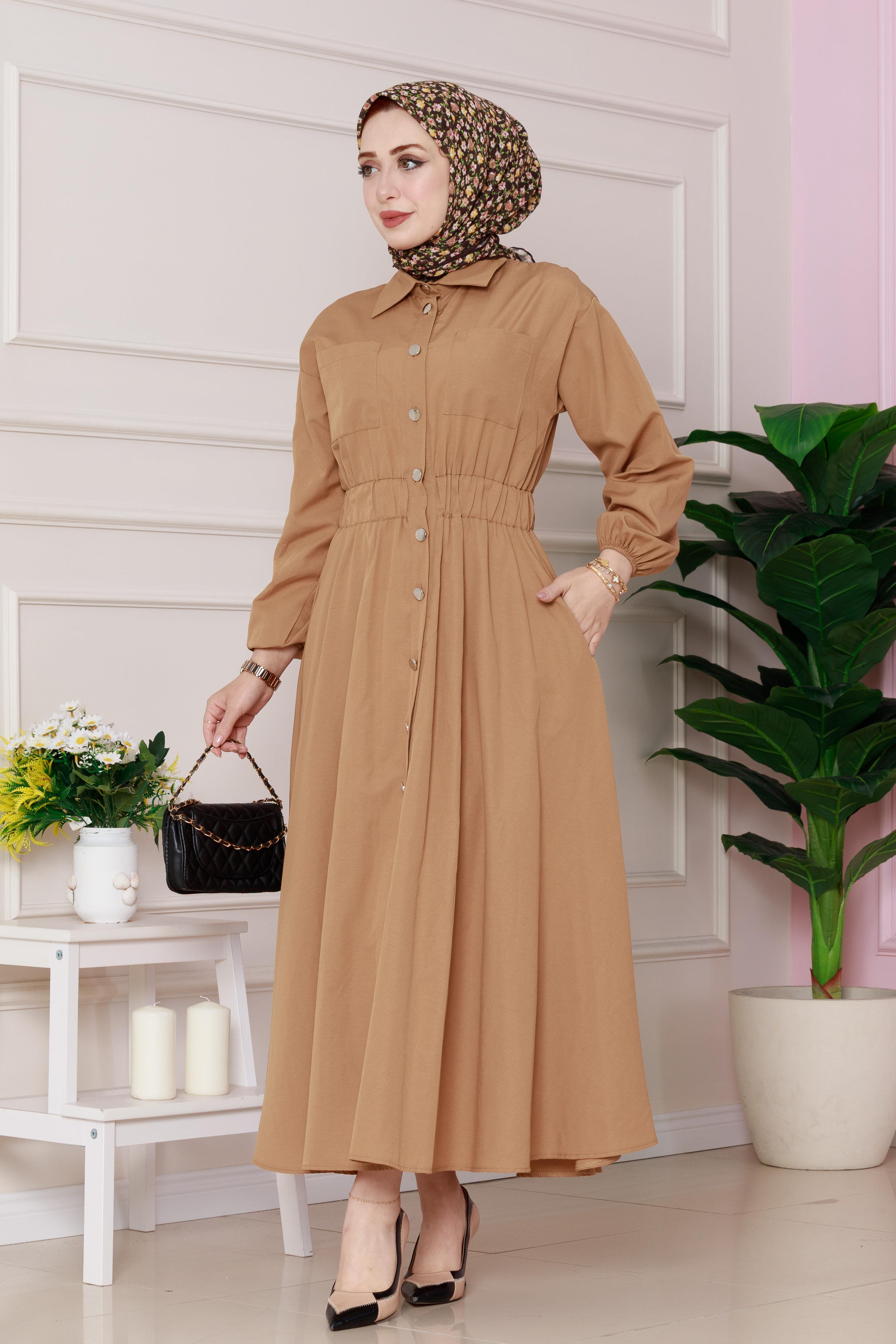 Jasmine Dress with Elastic Waist Detail-camel color