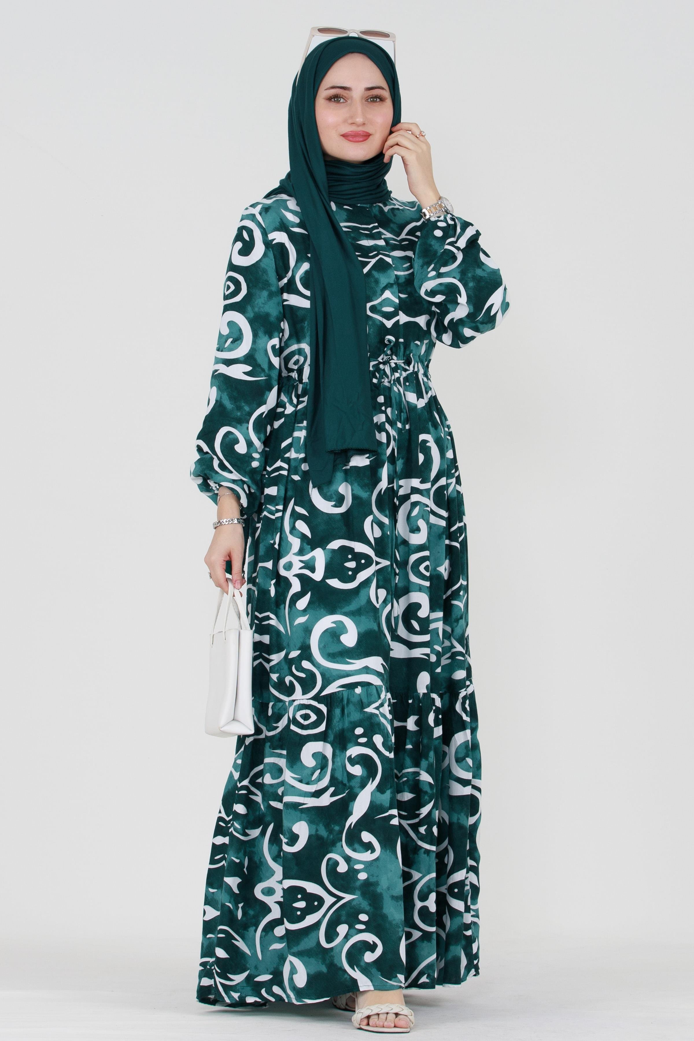 Wave Pattern Viscose Hijab Dress - Green