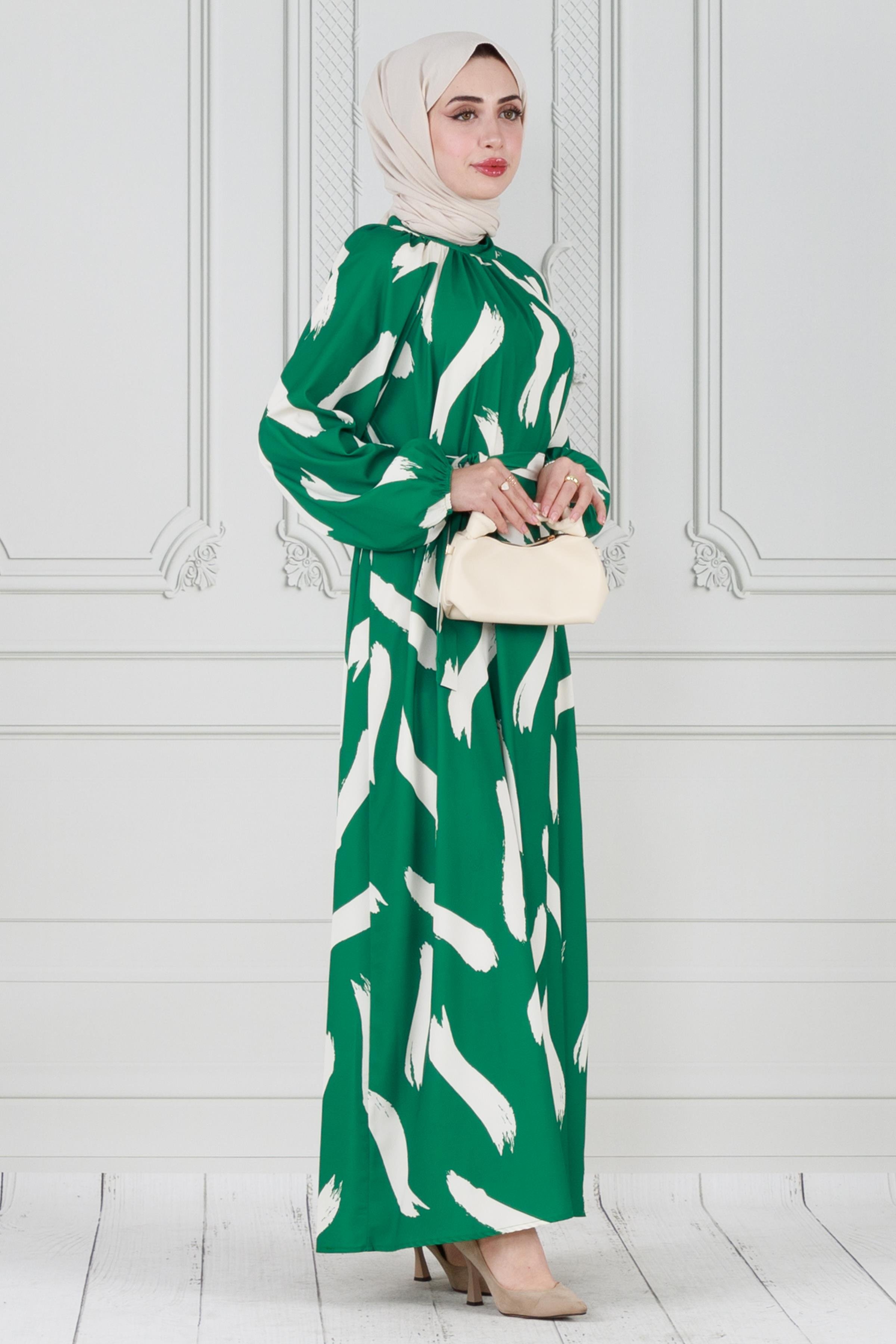 Satin hijab dress with brush pattern - green