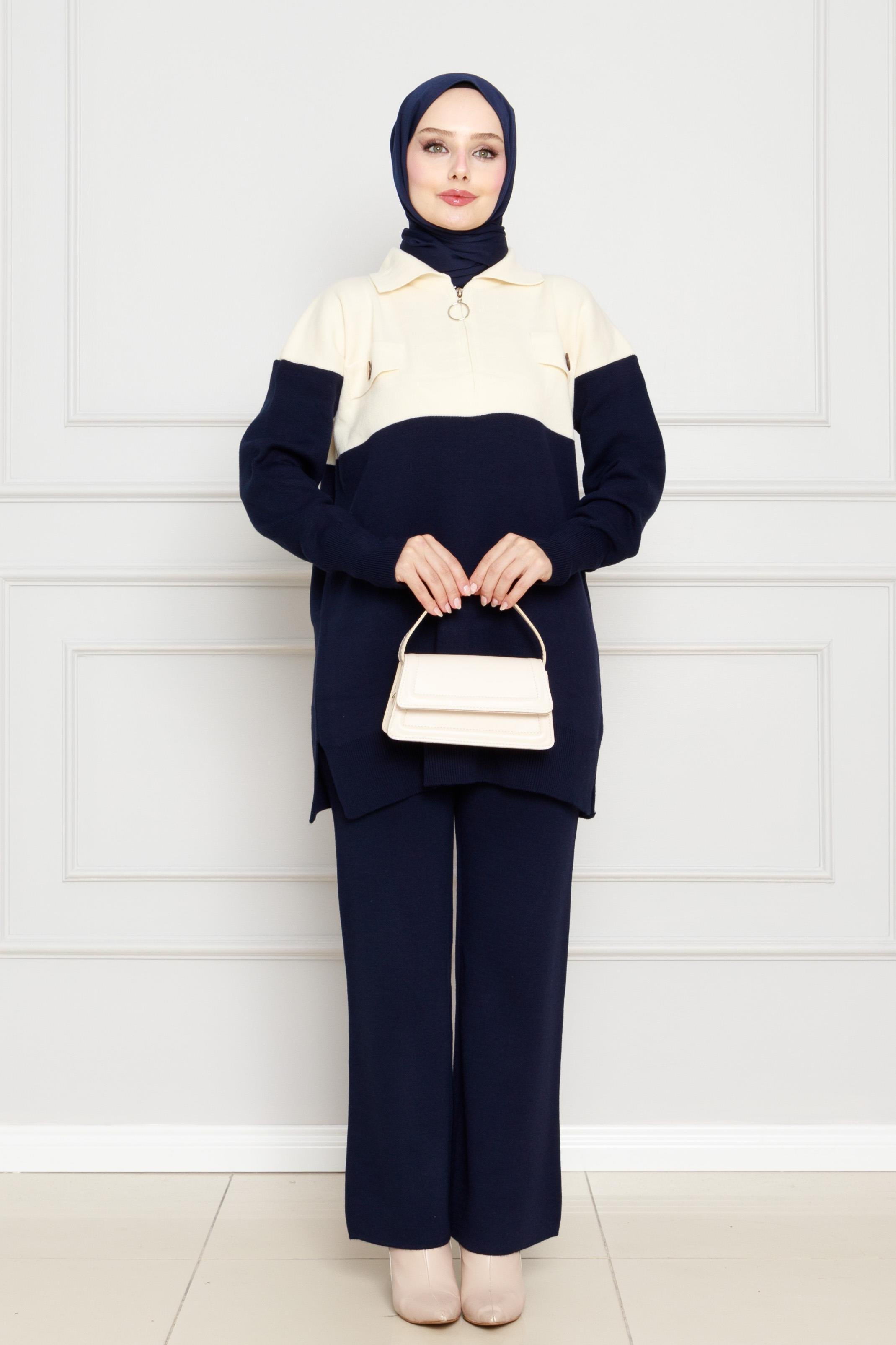 Detailed Knitwear Suit-dark bleu color