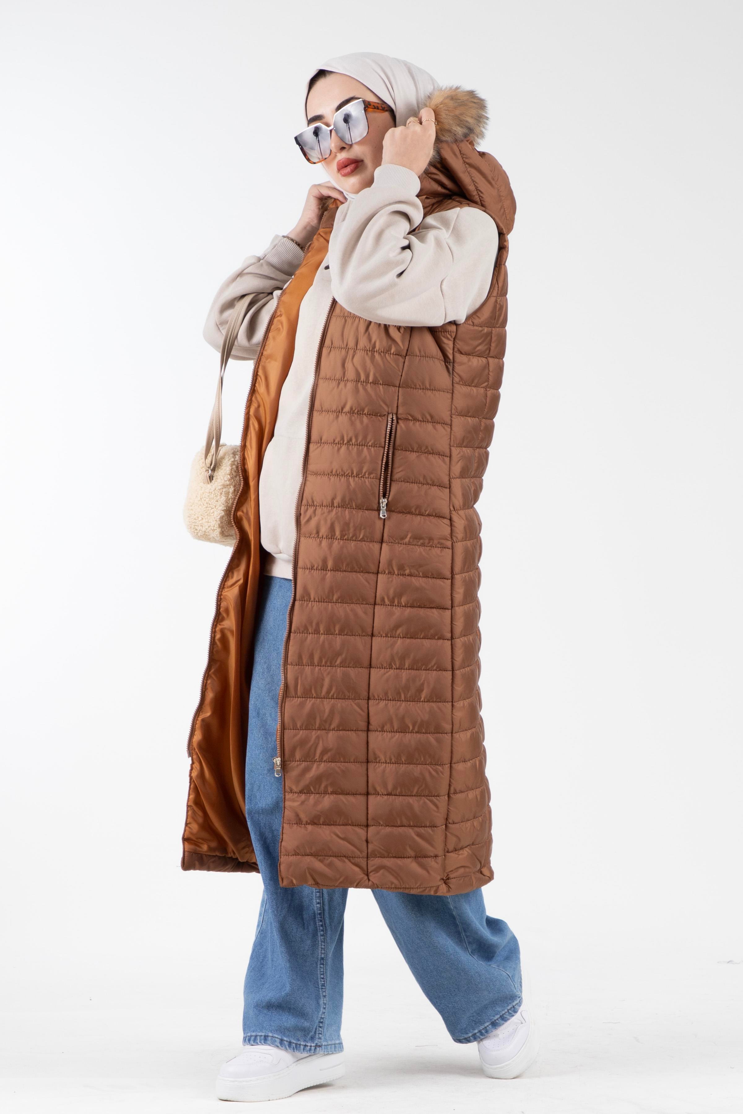 Hooded Faux Fur Quilted Vest-Tan