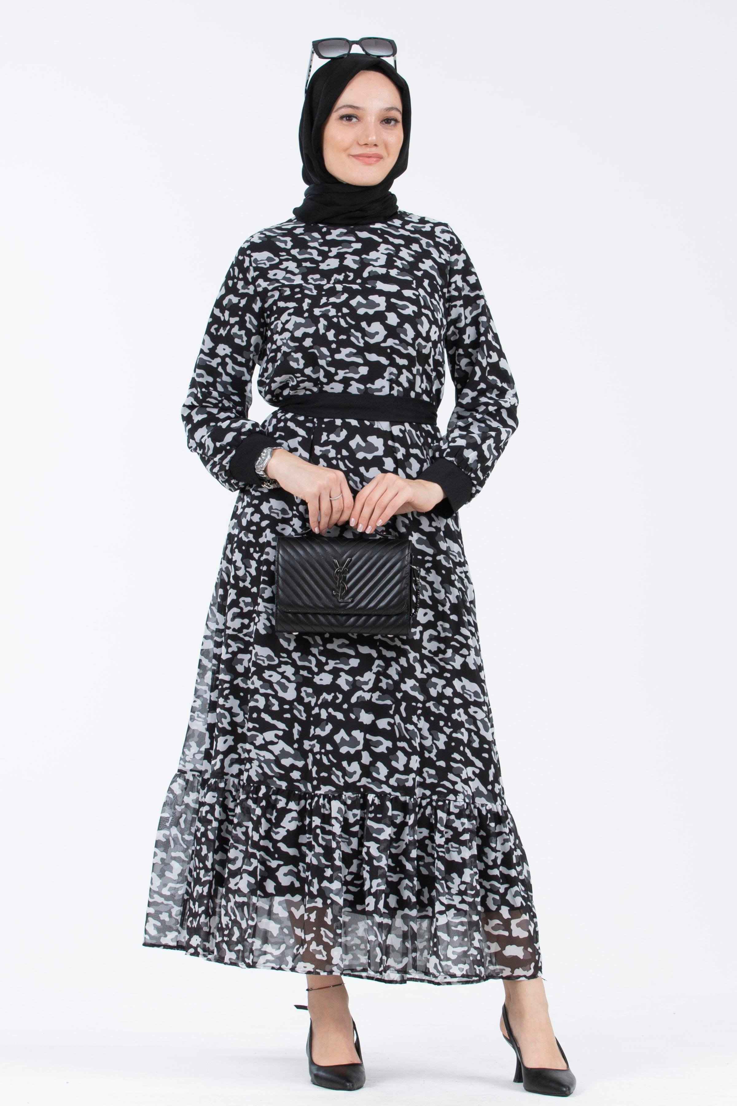 Leopard Print Chiffon Dress - Black