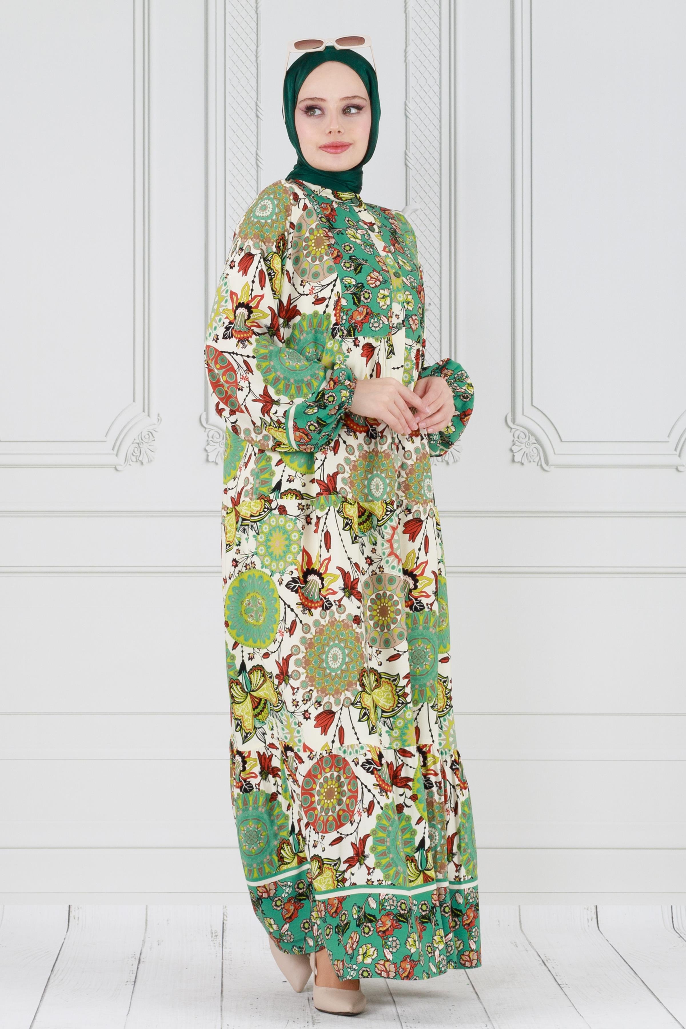Authentic dress - Half Buttoned -Green color
