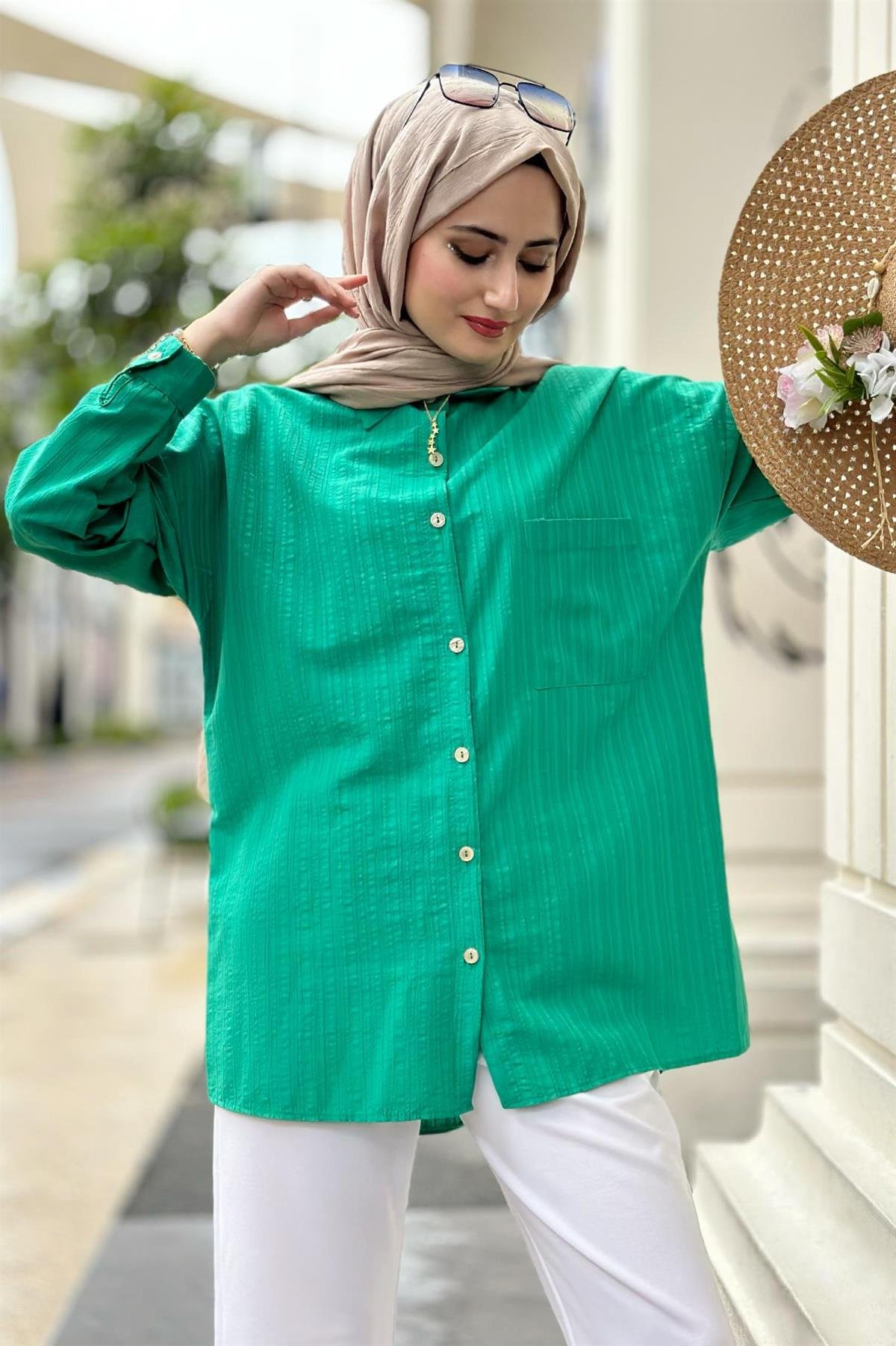 Oversize Gömlek-Benetton Yeşili