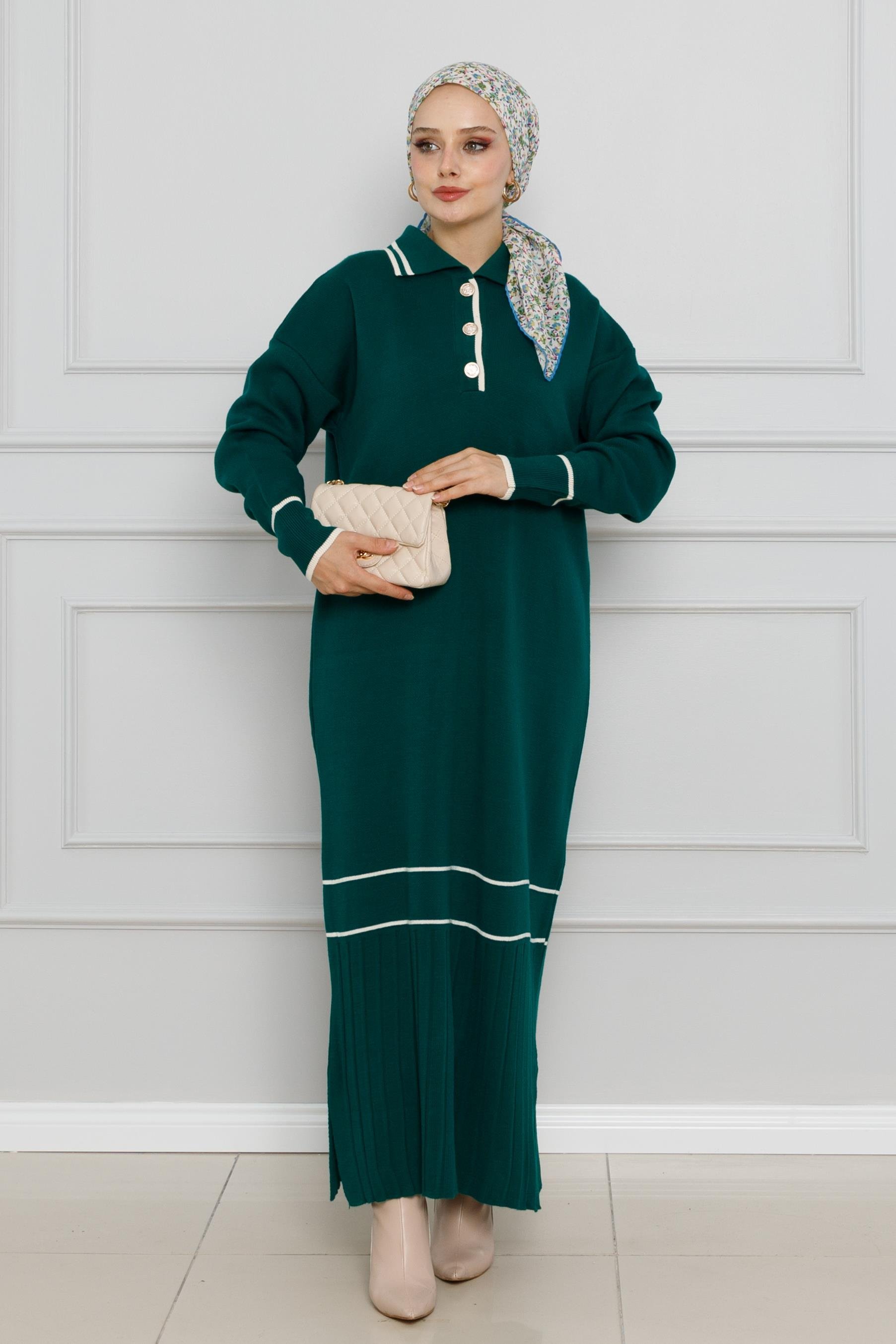 Polo Collar Slit Knit Dress-Petrol color
