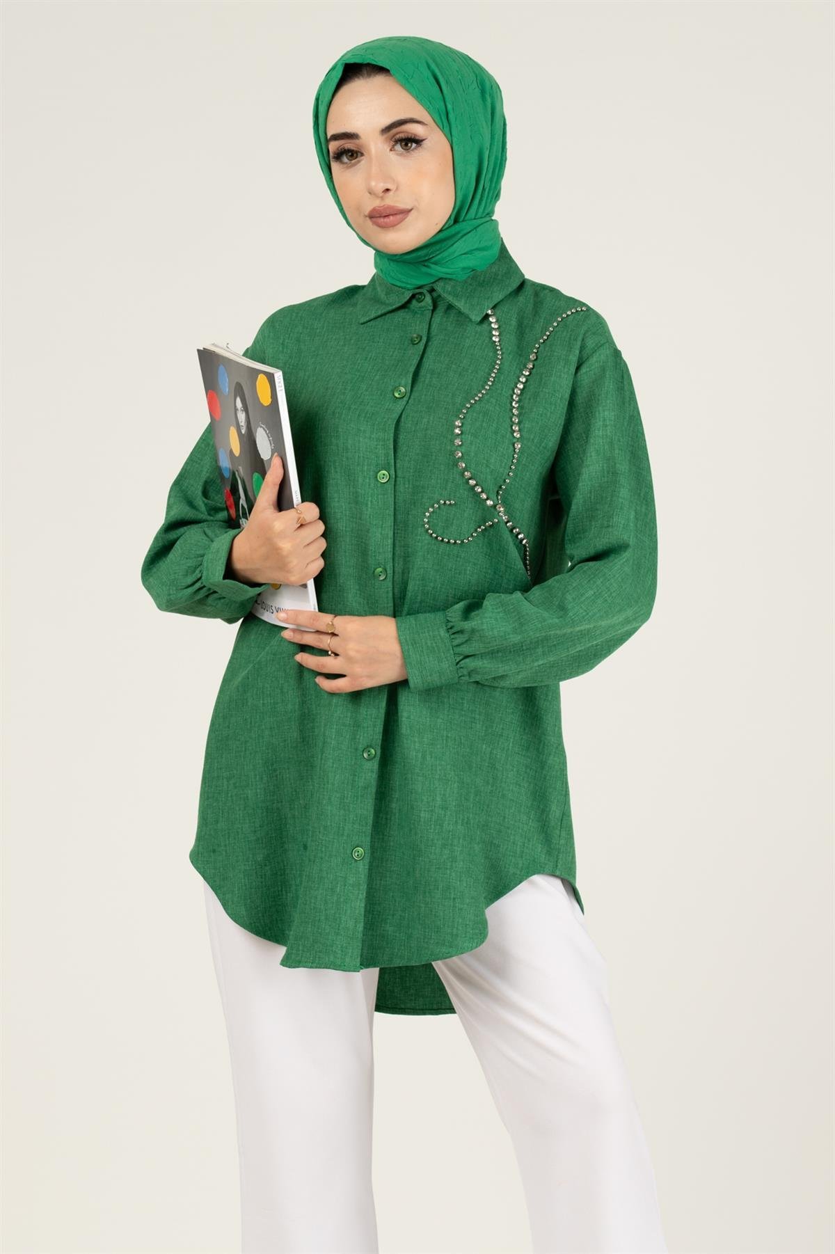 Stone Embellished Tunic-Emerald Green