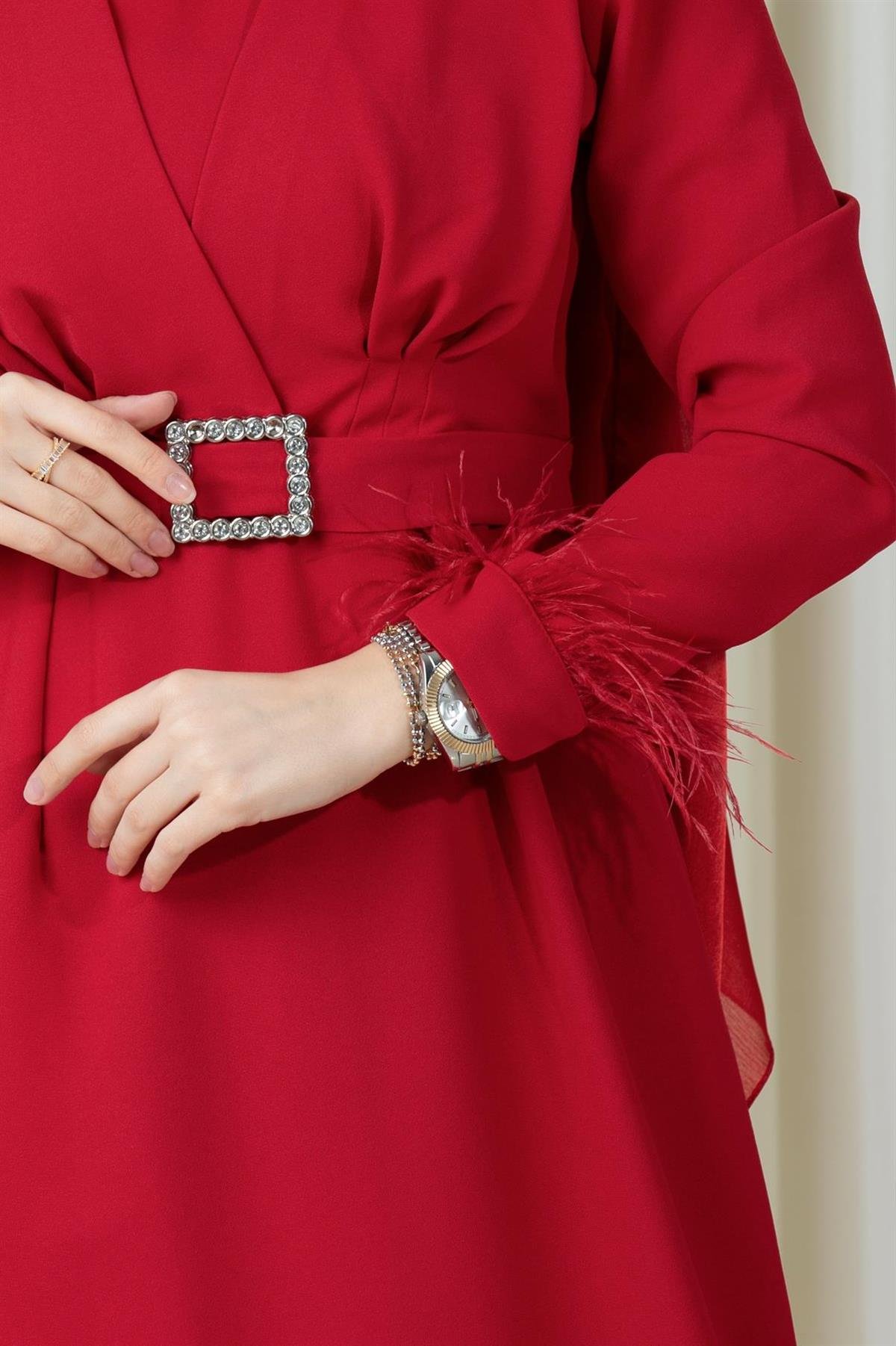 Venus Sleeve Feather Detail Evening Dress-Red