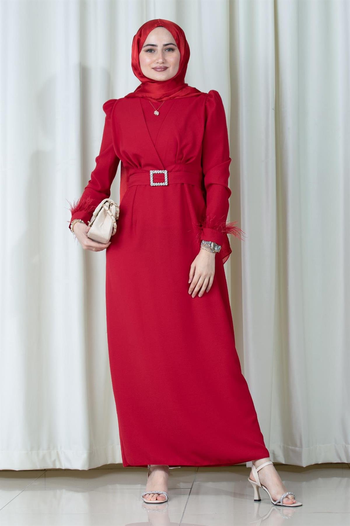 Venus Sleeve Feather Detail Evening Dress-Red