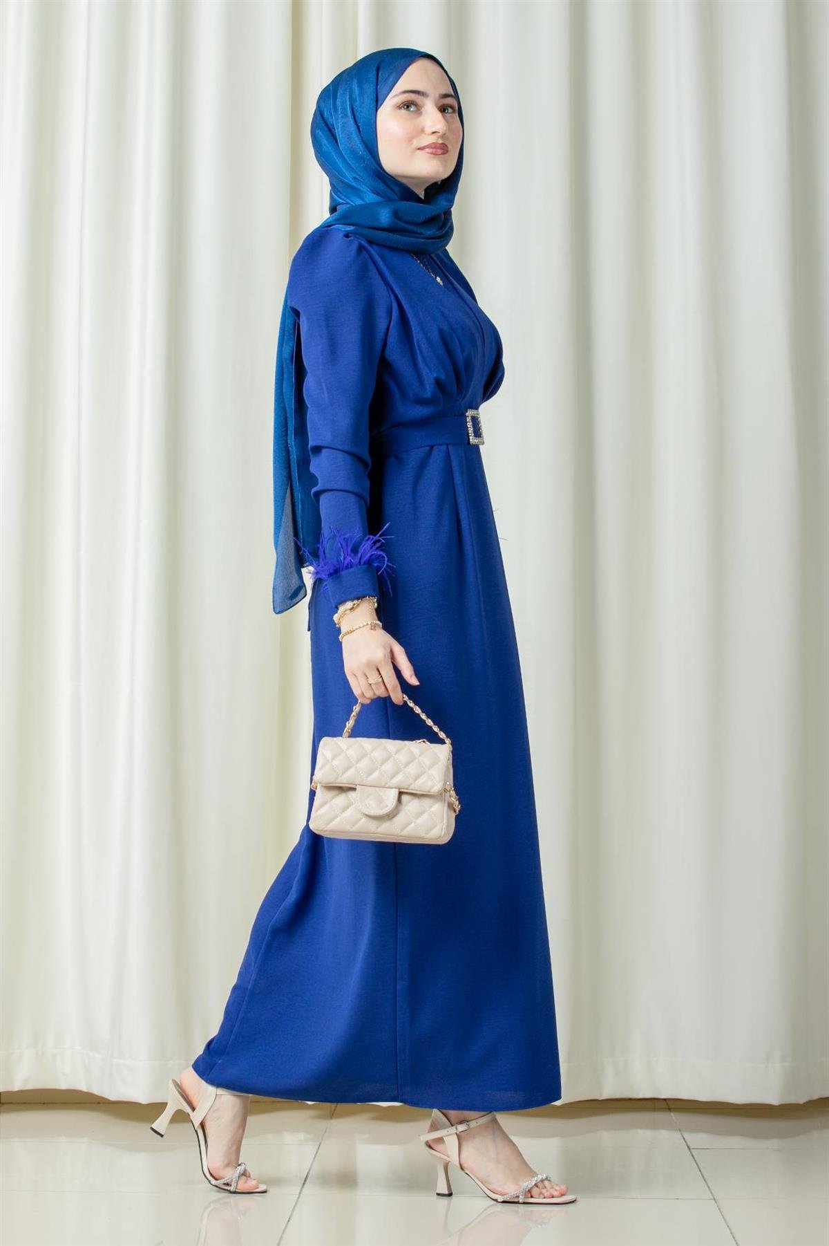 Venus Sleeve Feather Detail Evening Dress-SaksBlue