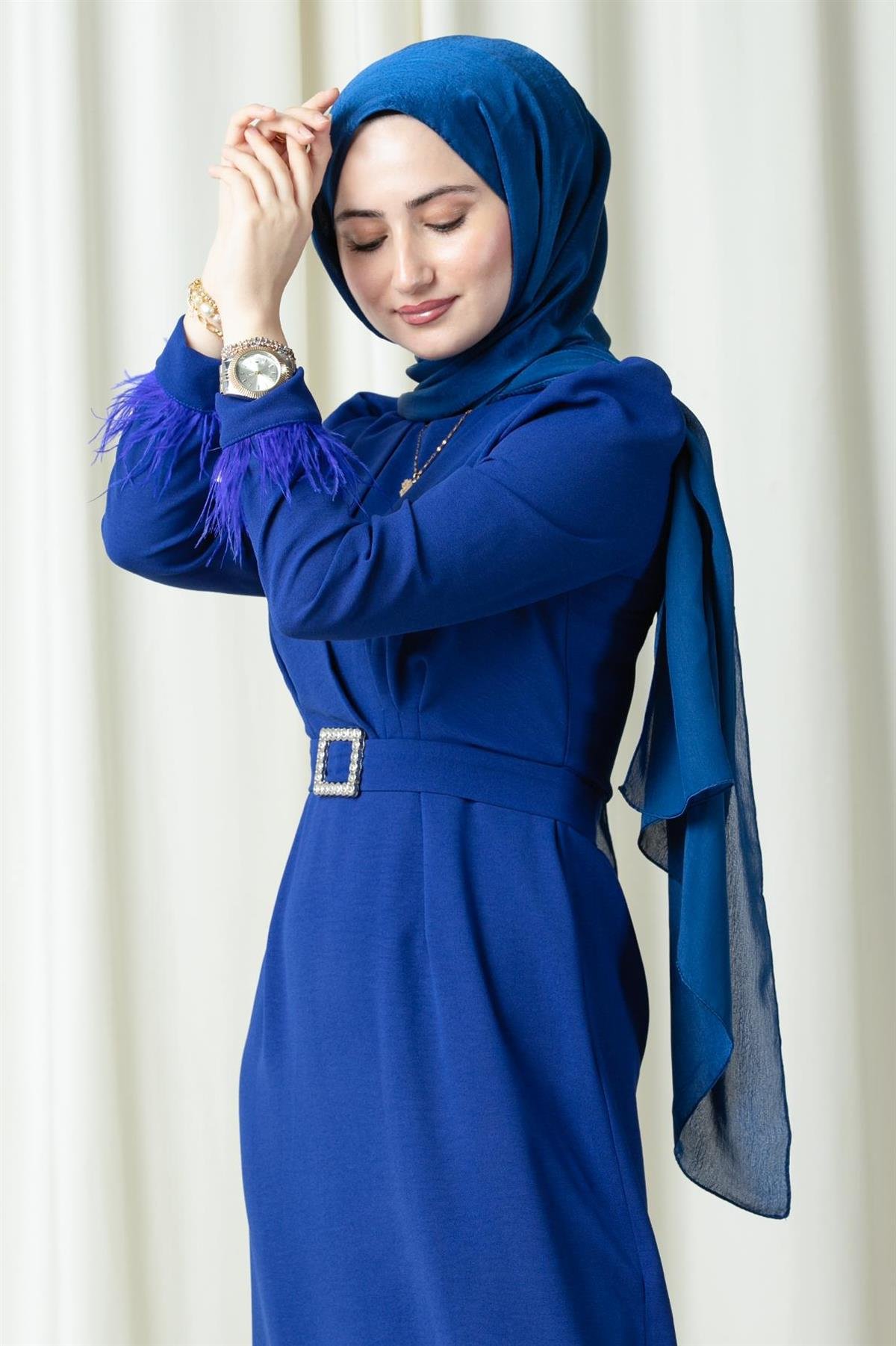 Venus Sleeve Feather Detail Evening Dress-SaksBlue