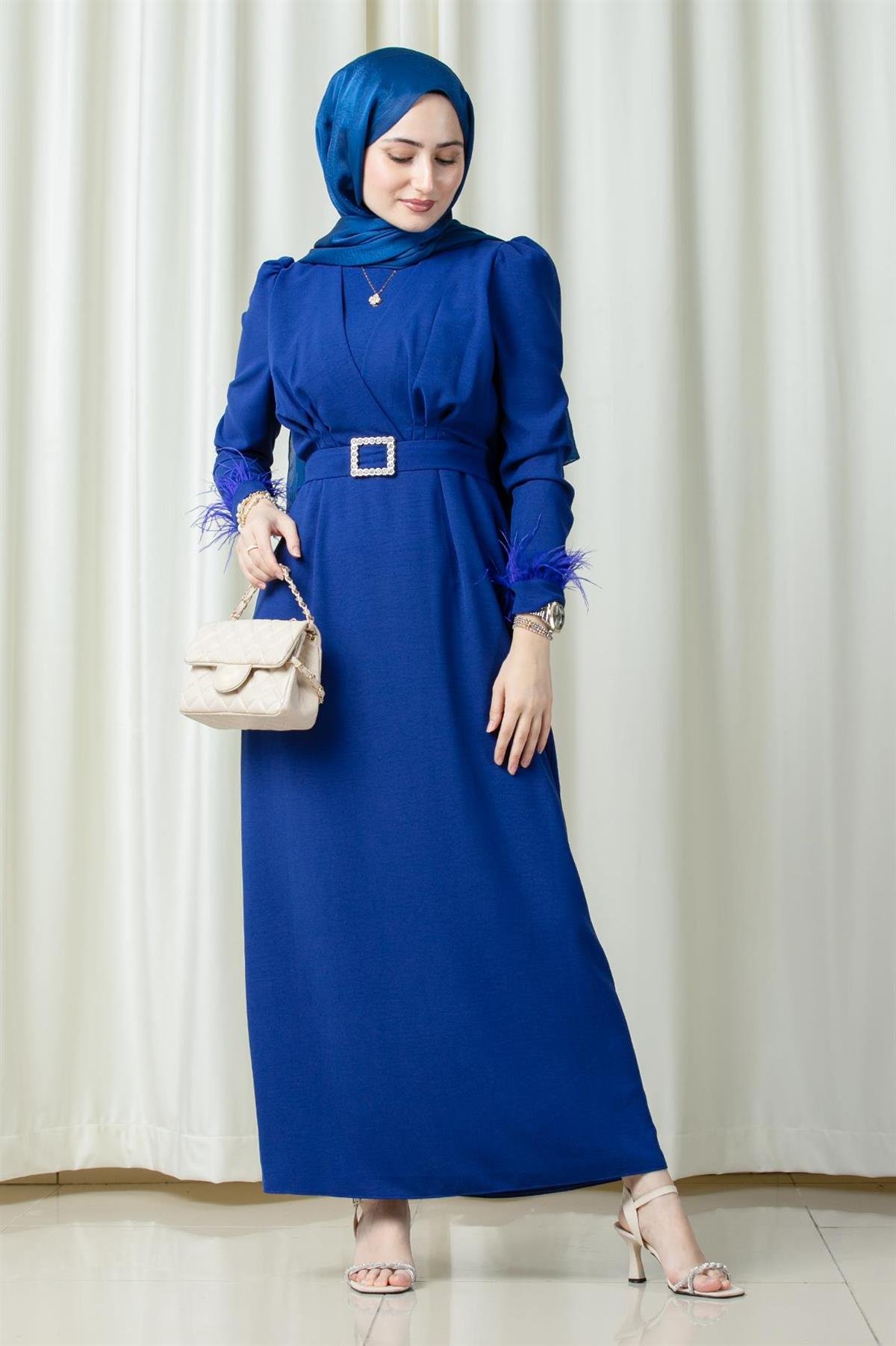 Venus Sleeve Feather Detail Evening Dress-SaksBlue