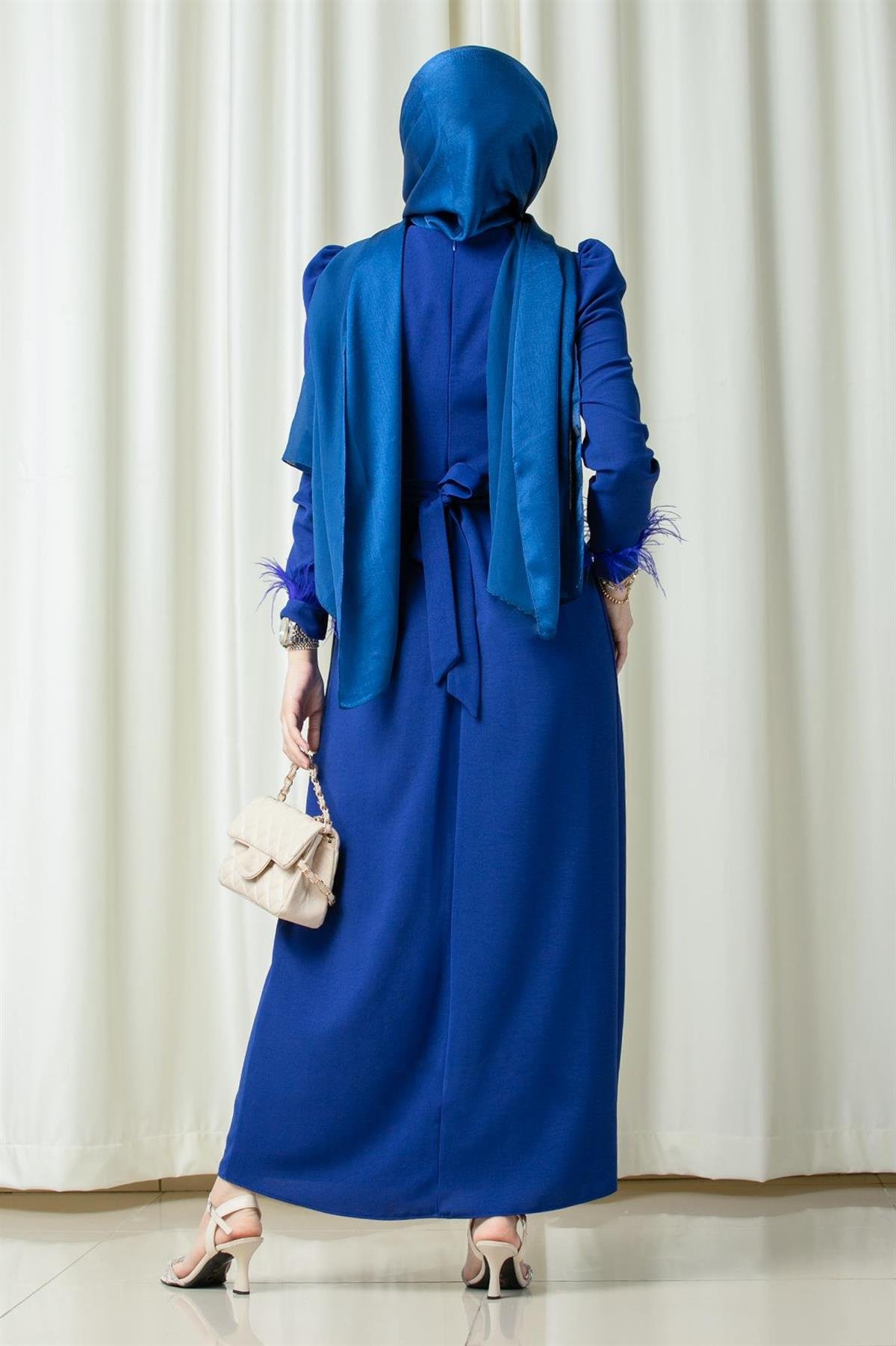 Venus Sleeve Feather Detail Evening Dress-SaksBlue
