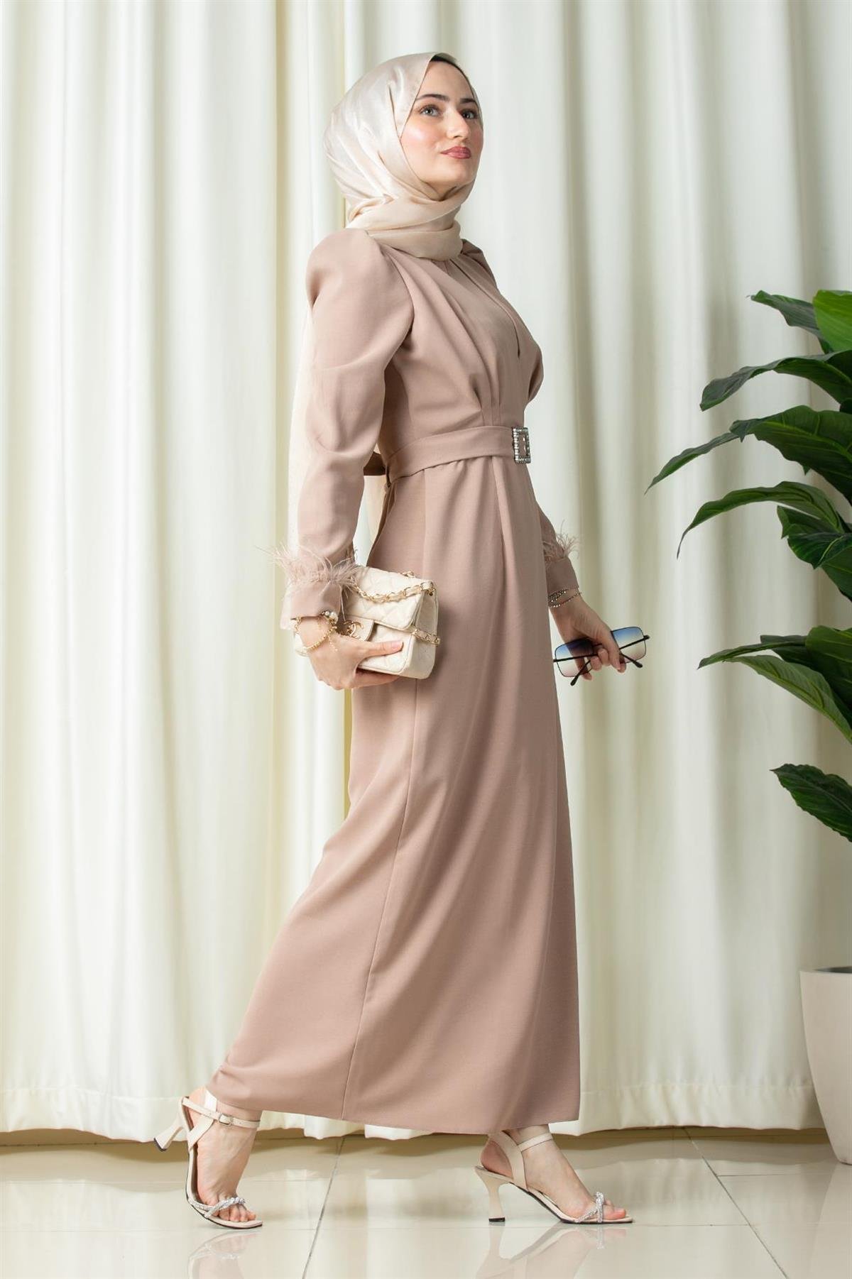 Venus Sleeve Feather Detail Evening Dress-Mink