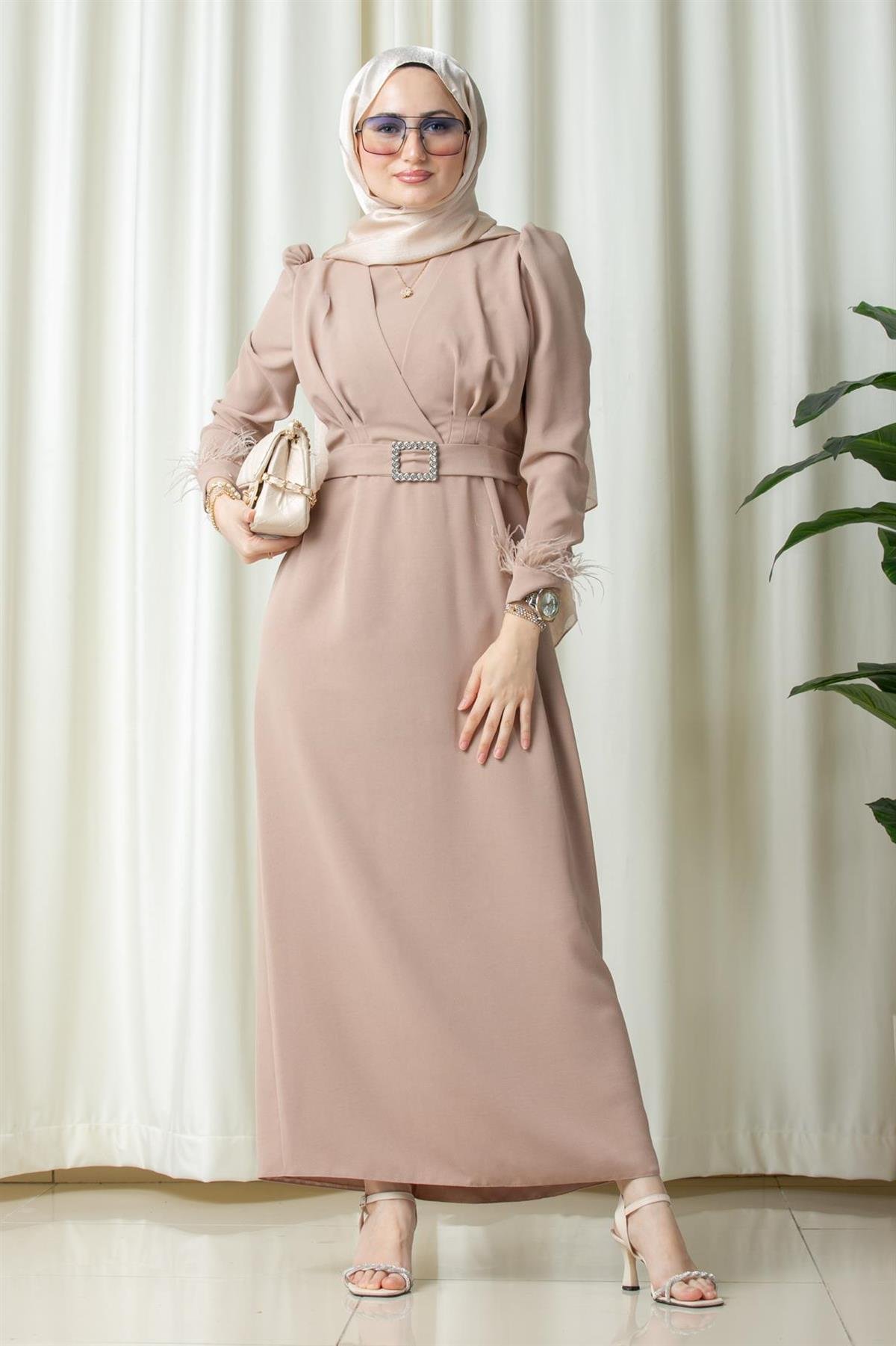 Venus Sleeve Feather Detail Evening Dress-Mink