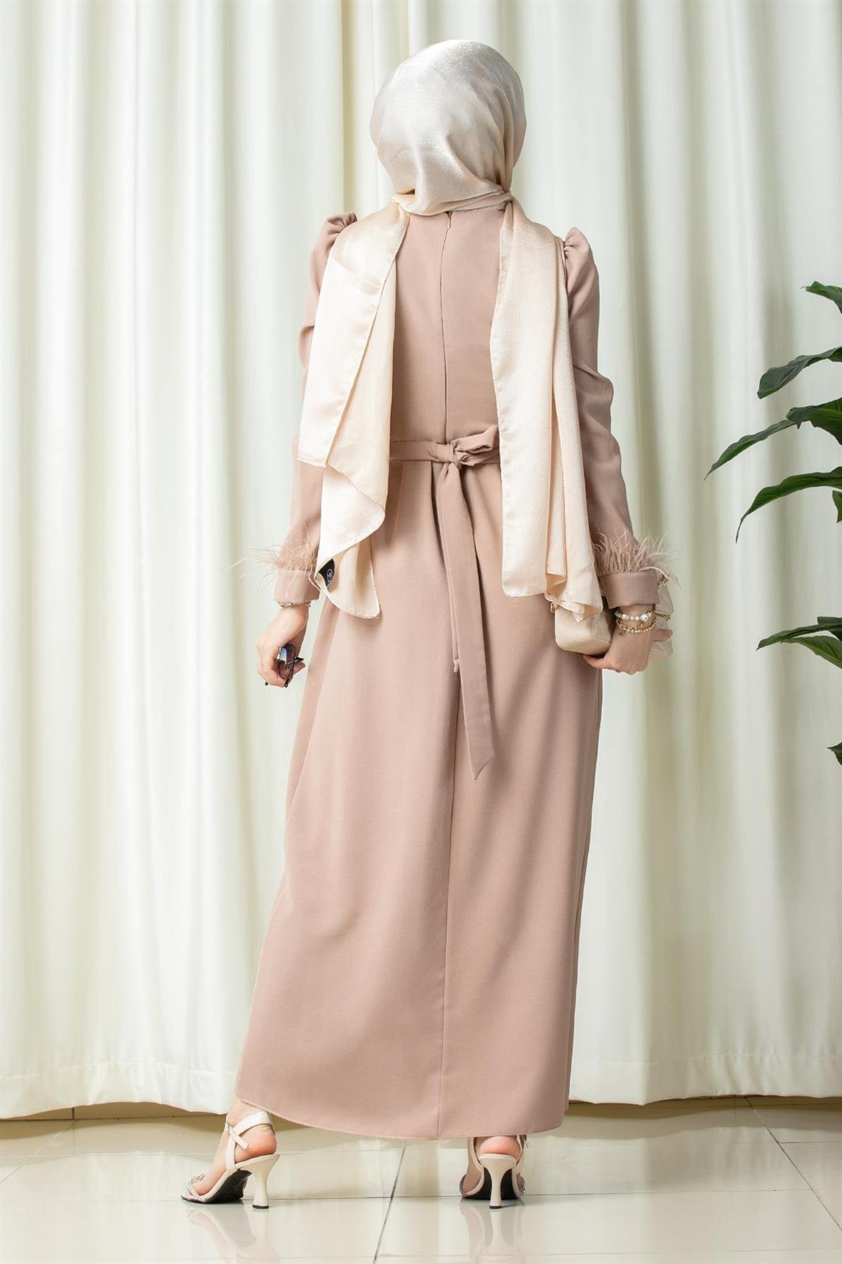 Venus Sleeve Feather Detail Evening Dress-Mink