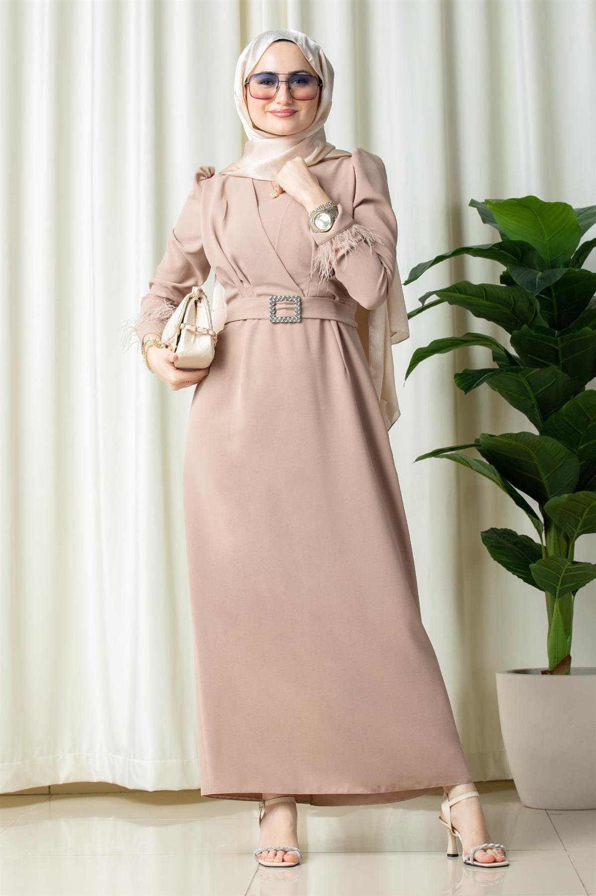 Venus Sleeve Feather Detail Evening Dress-Mink