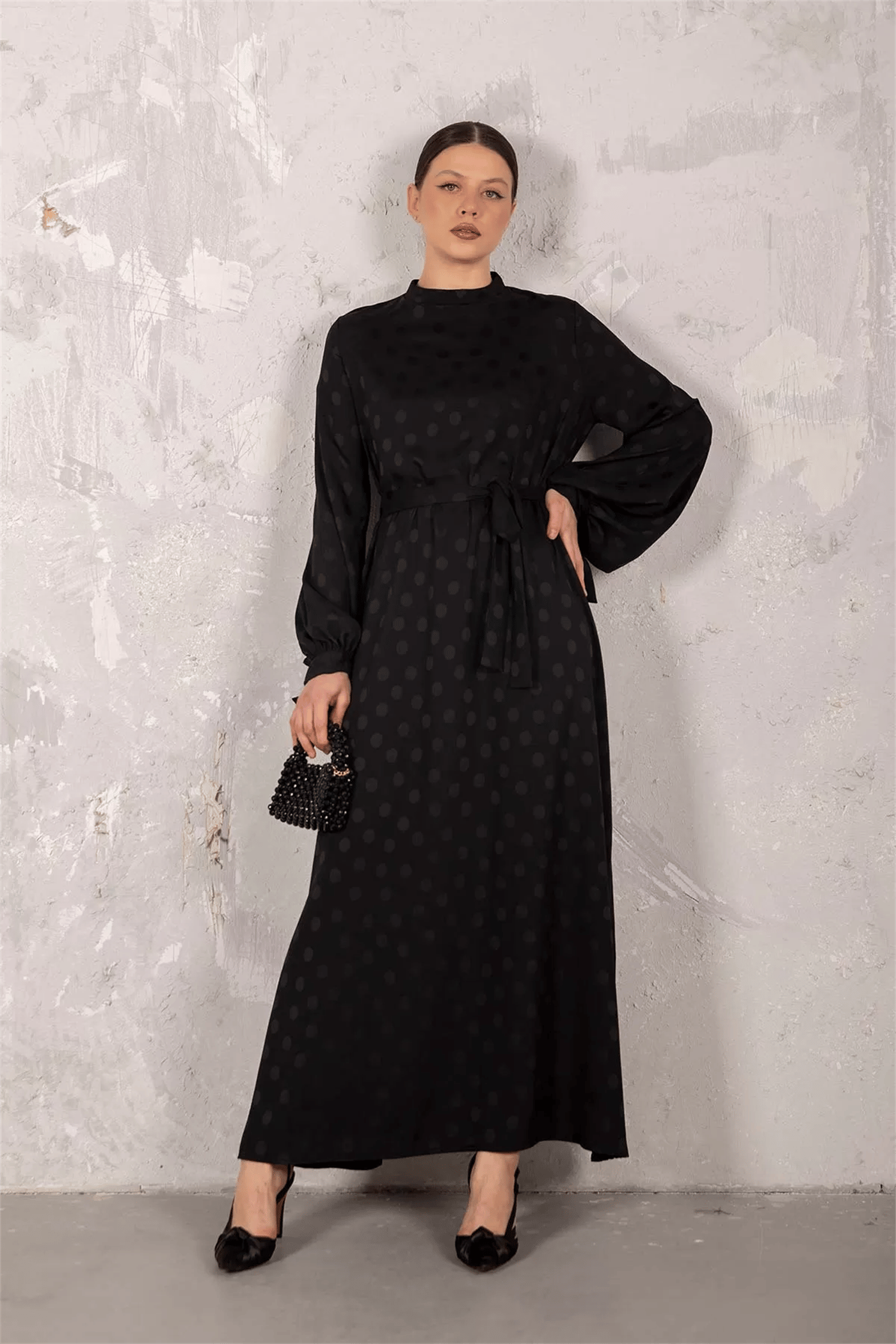 Puantiyeli Saten Elbise - Siyah Online Sipariş I MAHHAR