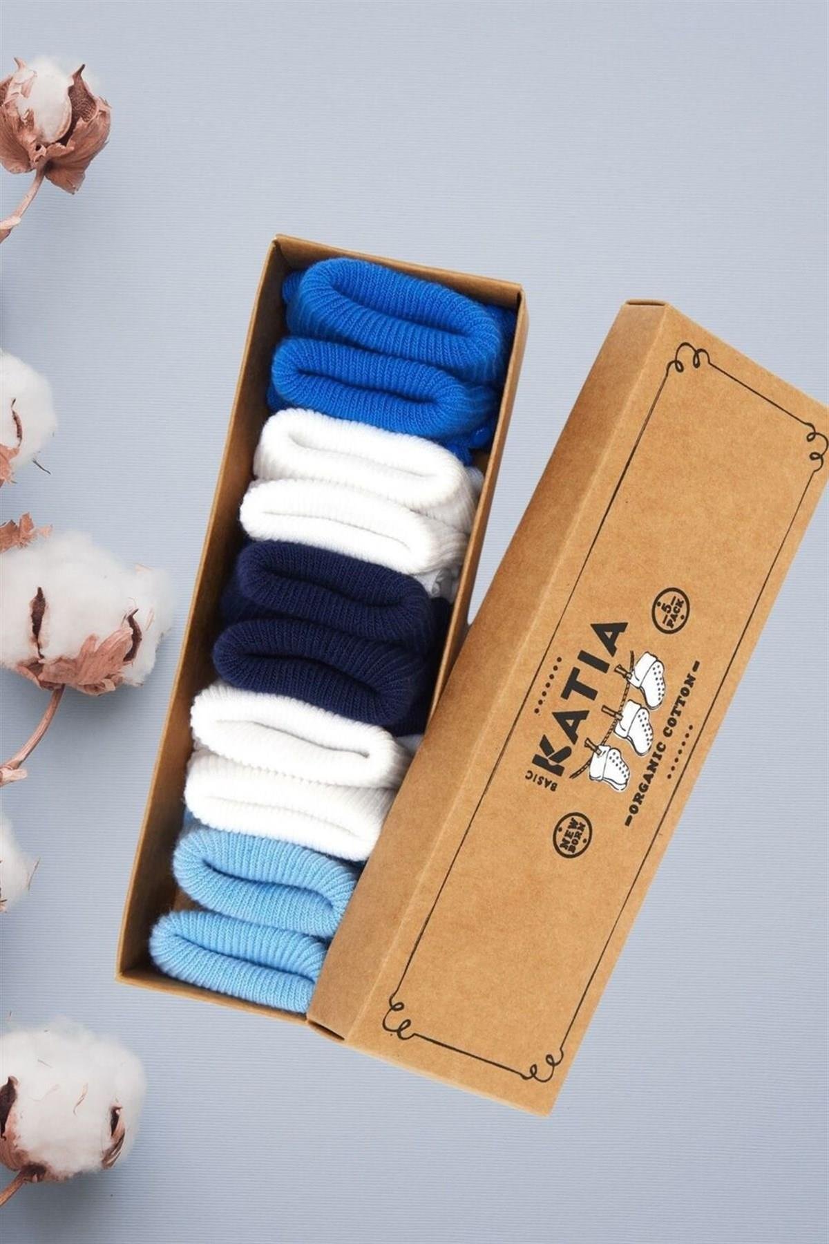 Renkli Yenidoğan Organik 5 li Bebek Çorap Beyaz/Mavi