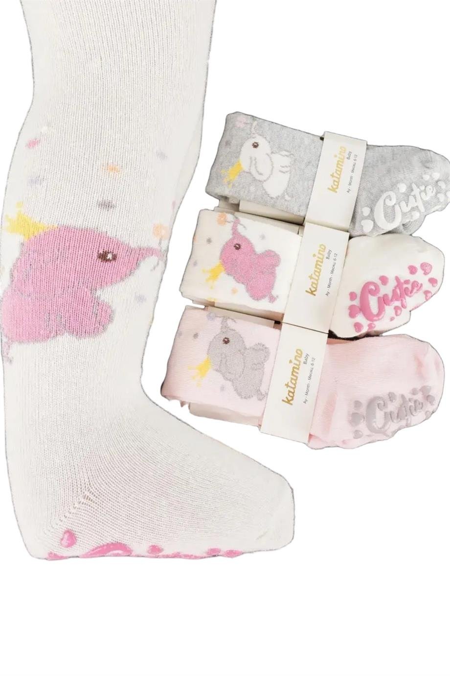 Katamino Kız Bebek Kaydırmaz Taban Külotlu Çorap K38034 Gri