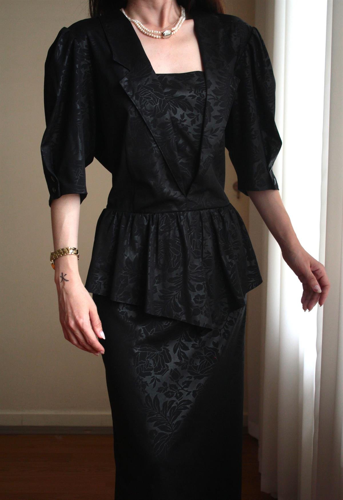 Tailored Floral Baskılı Siyah Midi Vintage Elbise