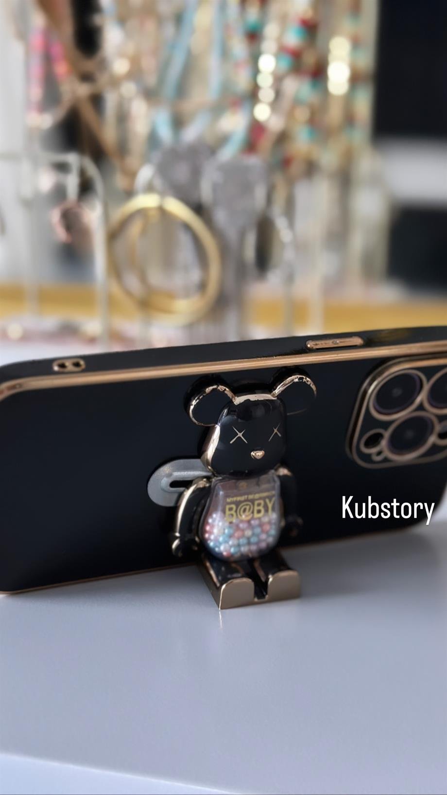 İçi Boncuklu Kaws Pop Socketli Kılıf Siyah
