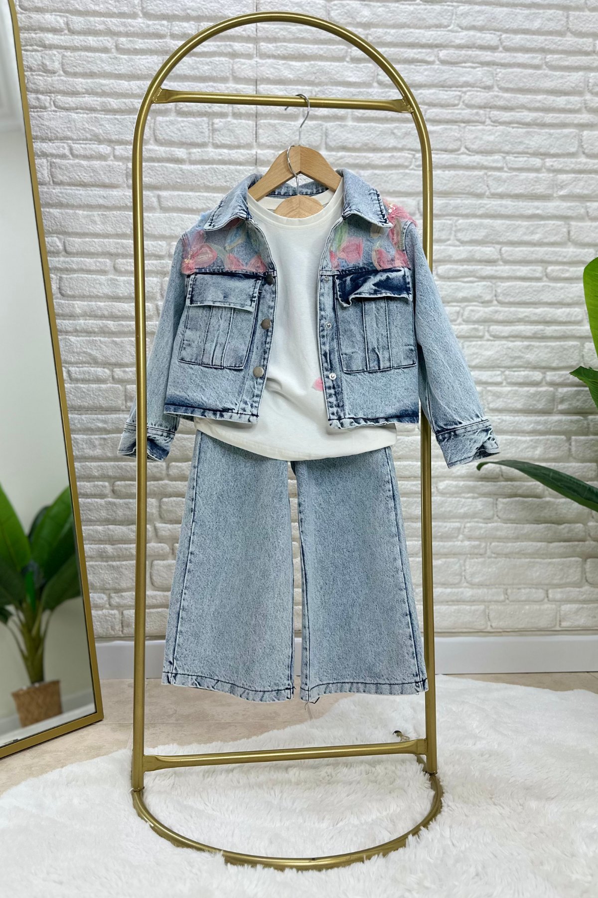Kız Çocuk  Denim Çiçekli Takım