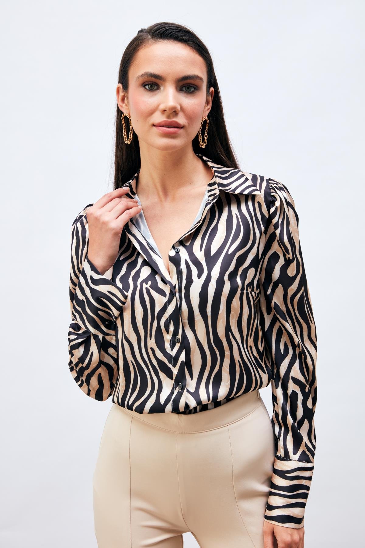 Siyah Kadın Zebra Desenli Gömlek