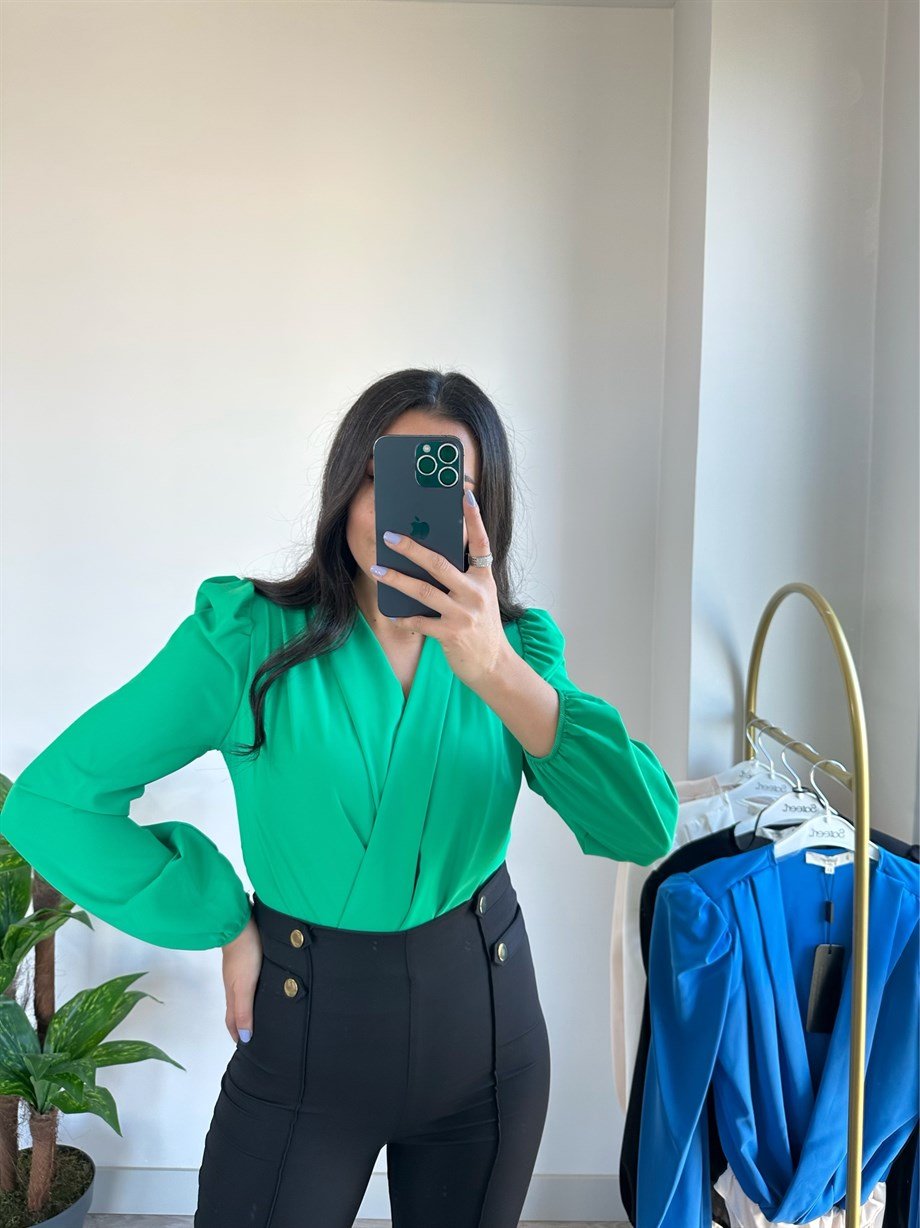 Kruvaze Yaka Çıtçıtlı Bluz Yeşil