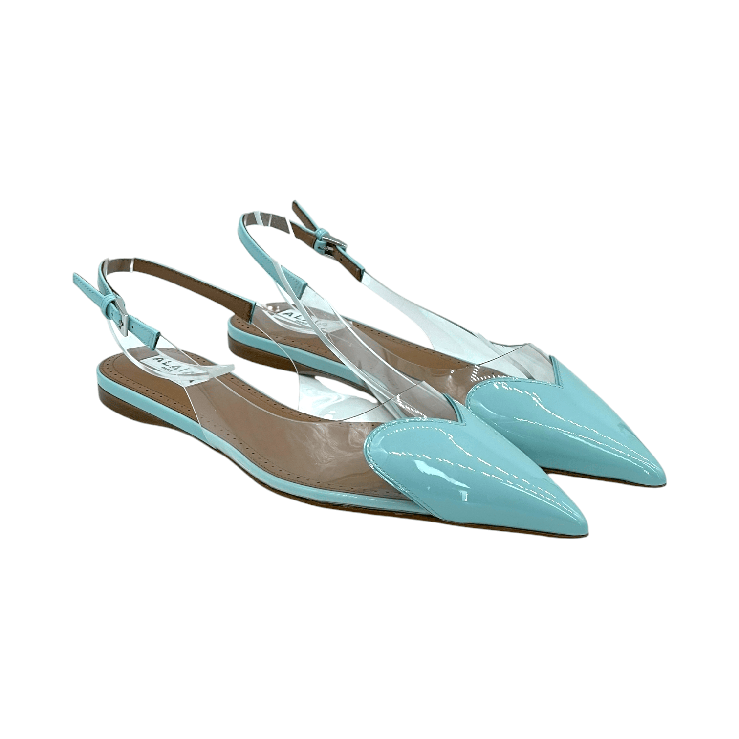 Alaia Turquoise Patent Leather Le Coeur Flat Slingbacks 39