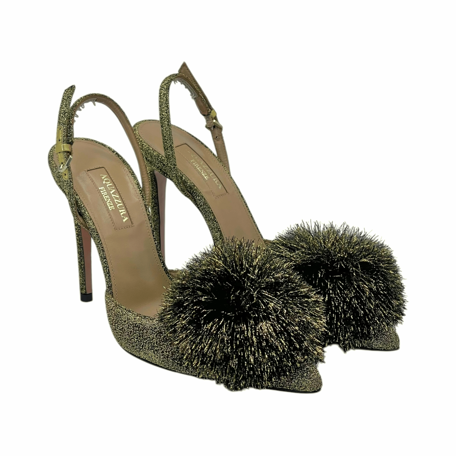 Aquazzura Gold Puf Pom-Pom Embellished Lurex Pumps 36