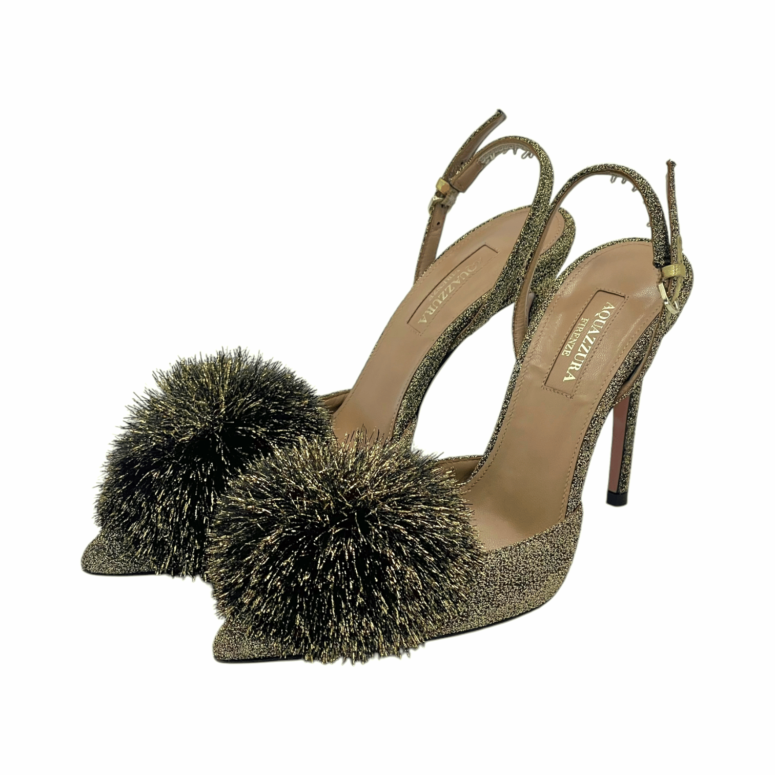 Aquazzura Gold Puf Pom-Pom Embellished Lurex Pumps 36