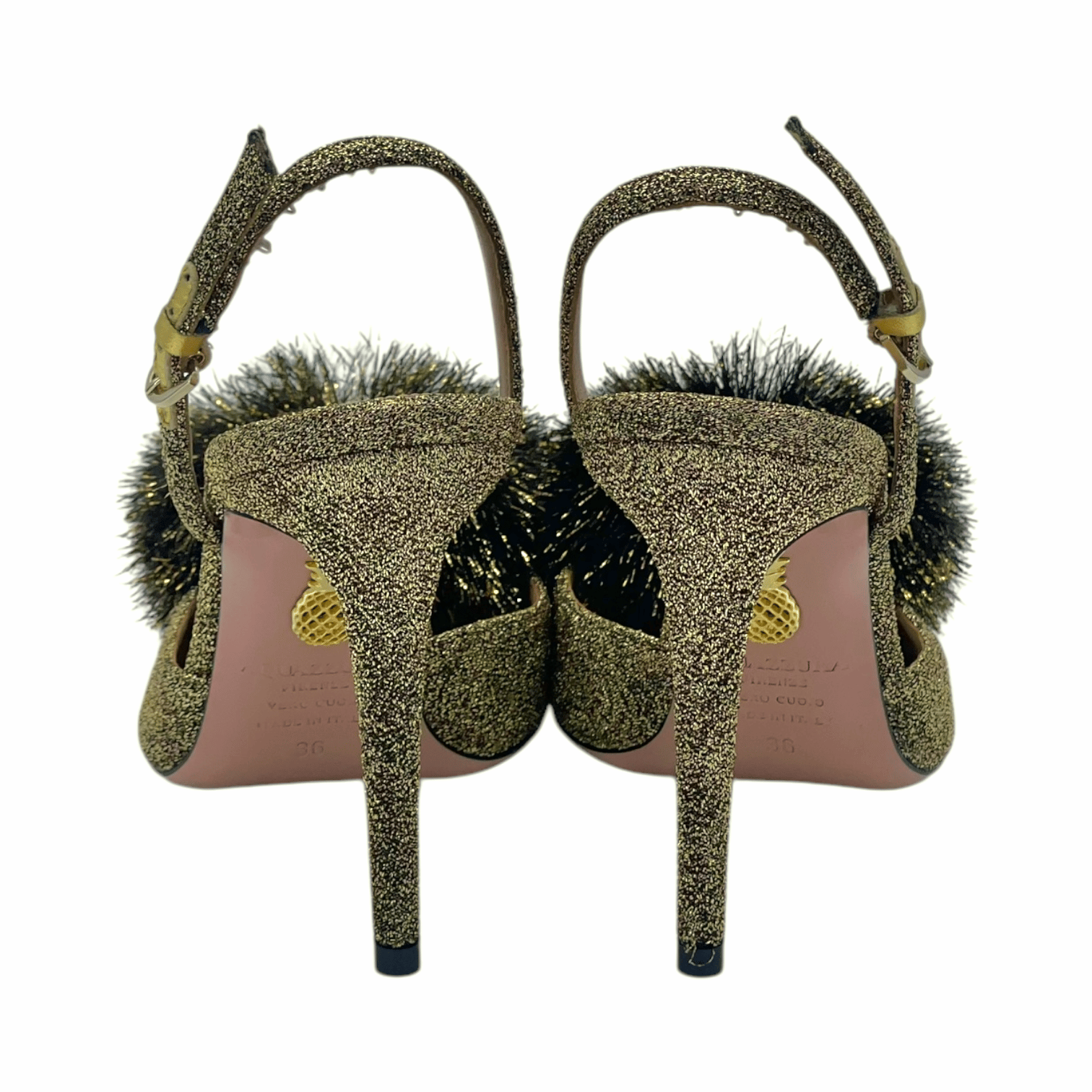 Aquazzura Gold Puf Pom-Pom Embellished Lurex Pumps 36