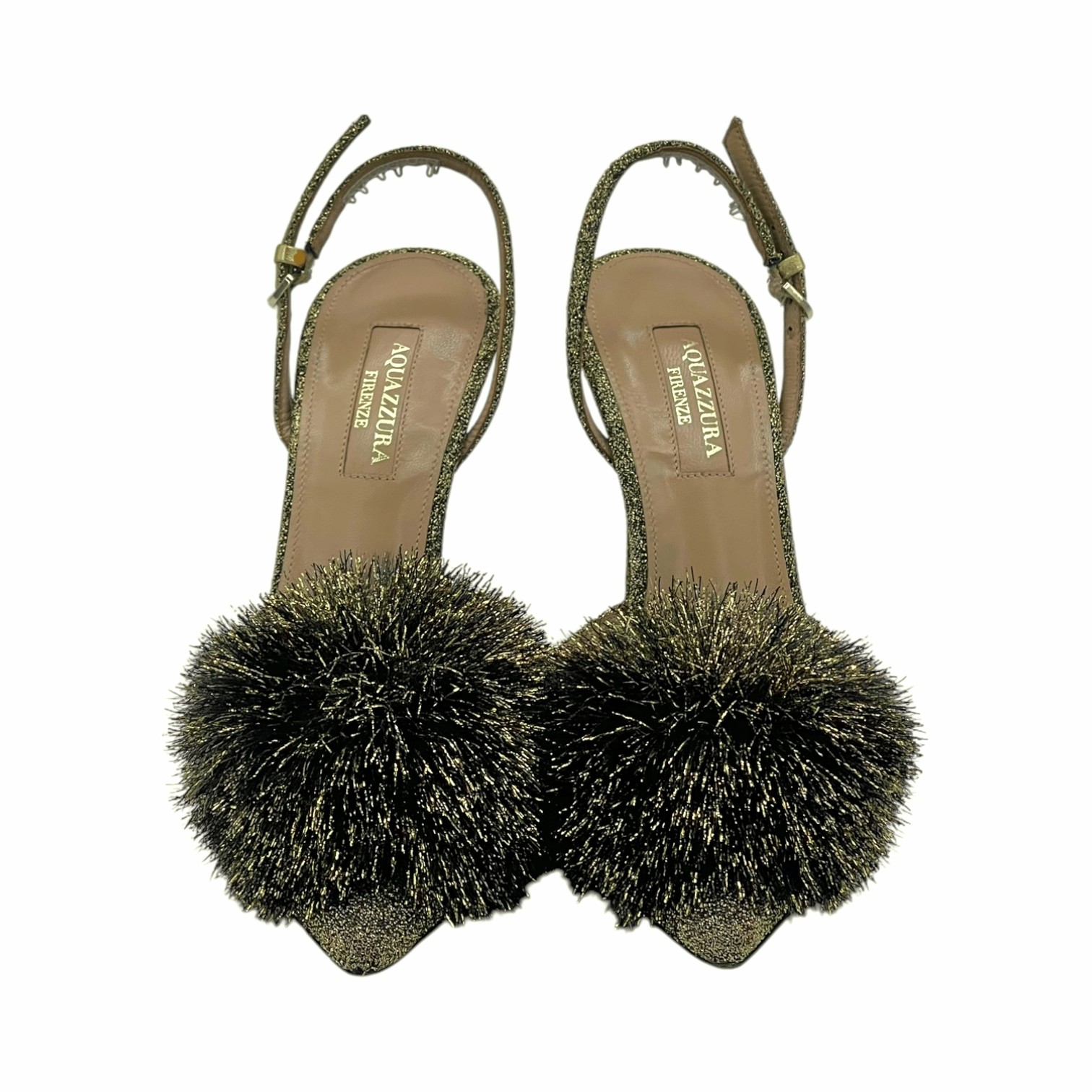 Aquazzura Gold Puf Pom-Pom Embellished Lurex Pumps 36