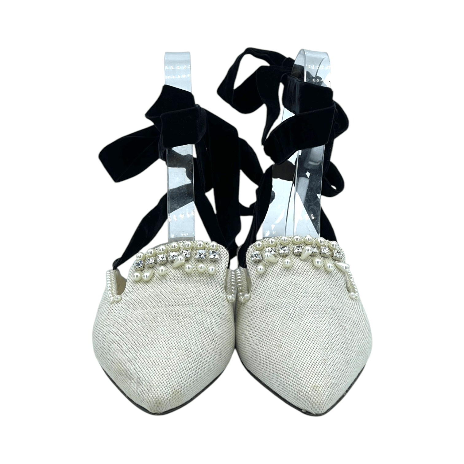 Attico Elena Ecru Beaded Canvas Ankle-Wrap Flat 38
