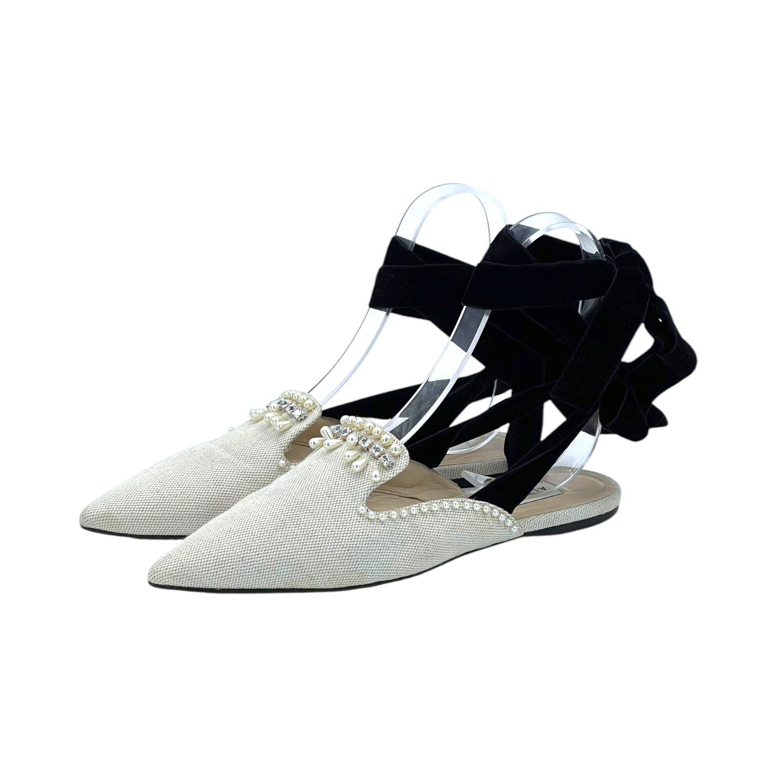 Attico Elena Ecru Beaded Canvas Ankle-Wrap Flat 38