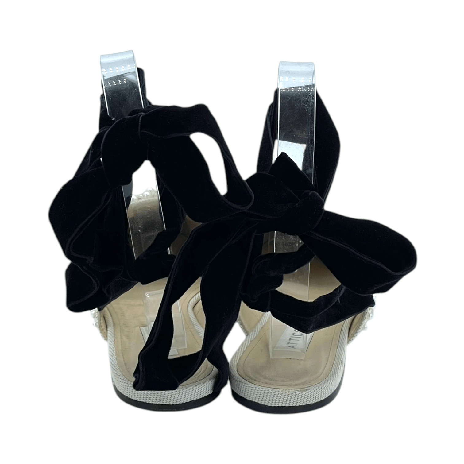 Attico Elena Ecru Beaded Canvas Ankle-Wrap Flat 38