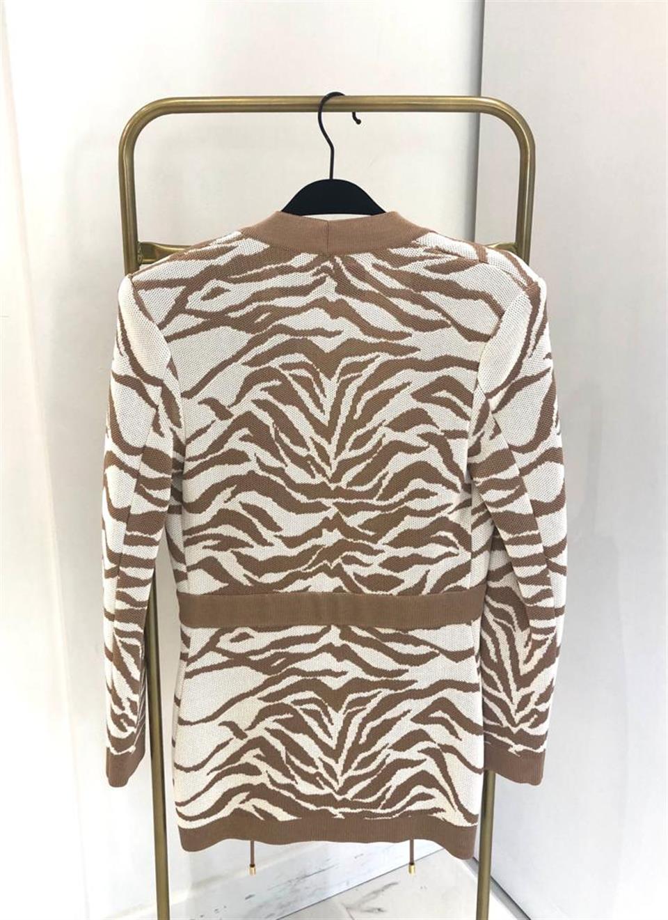 Balmain Brown White Zebra Pattern Jacquard Knit Drawstring Jacket 36