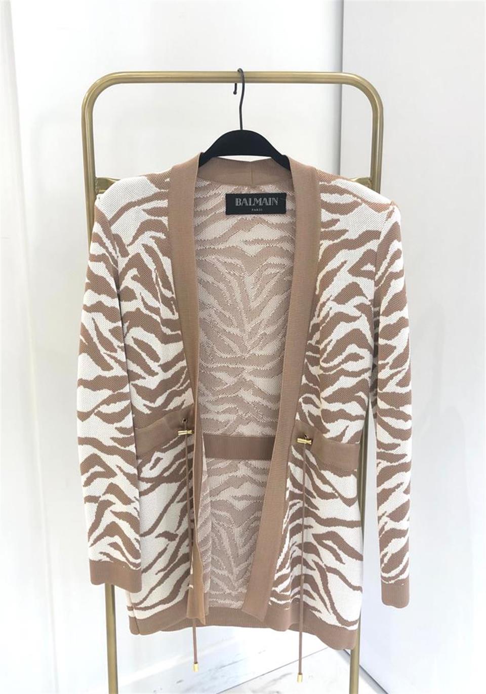 Balmain Brown White Zebra Pattern Jacquard Knit Drawstring Jacket 36