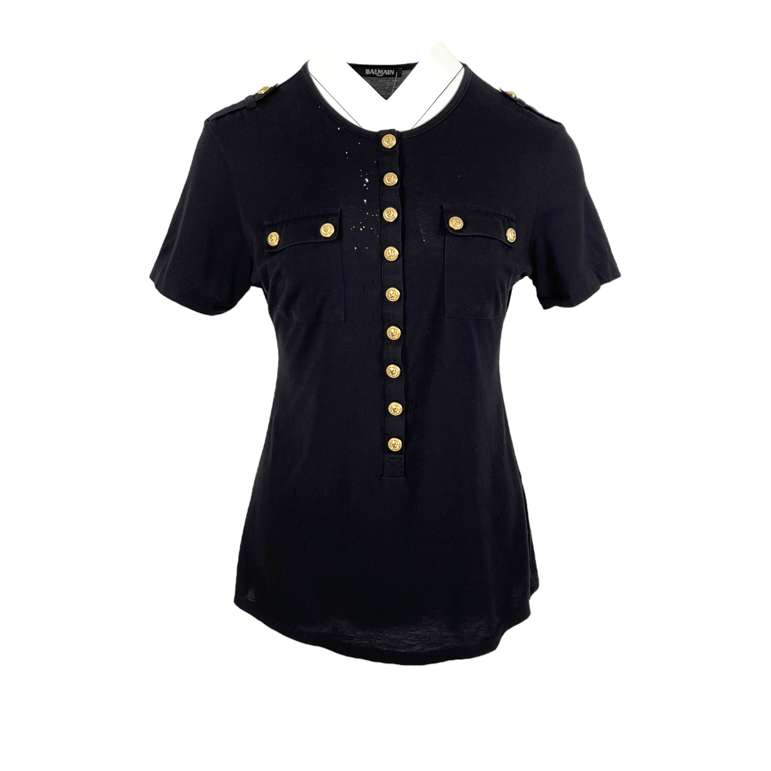Balmain Gold Button Black Cotton Tshirt 40