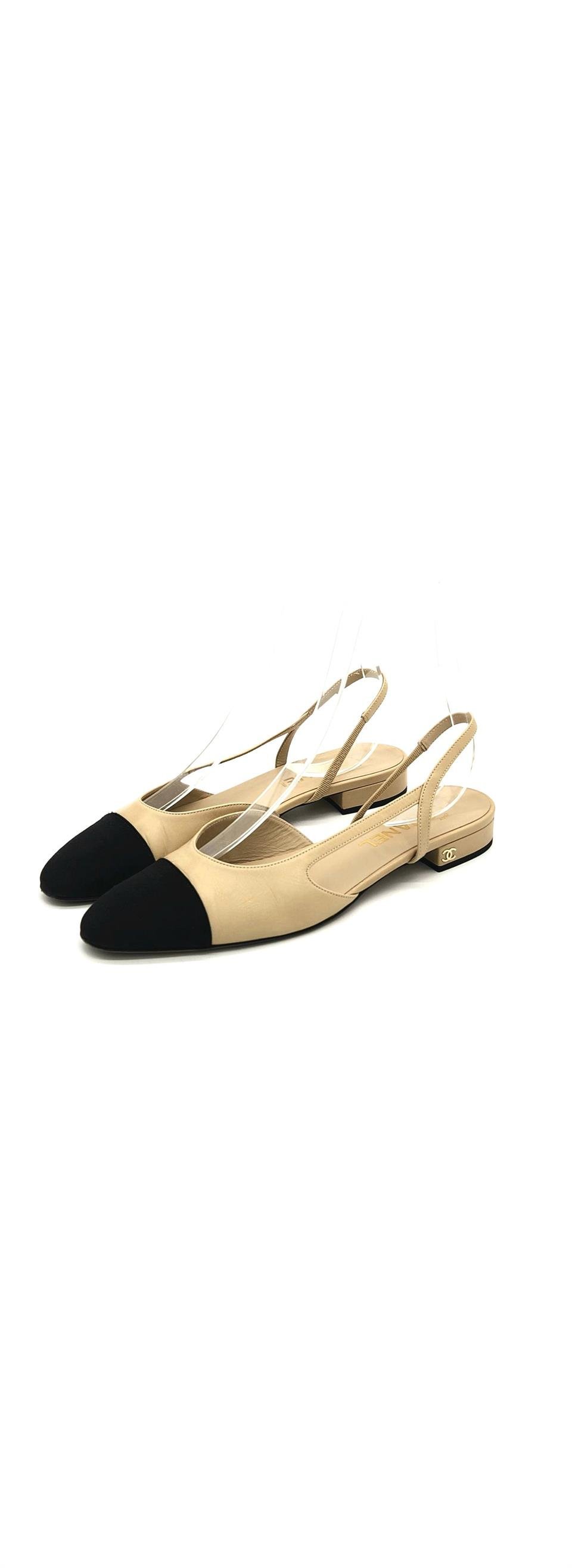 Chanel Beige Black Leather Canvas Slingback Flats 39.5 Fiyat
