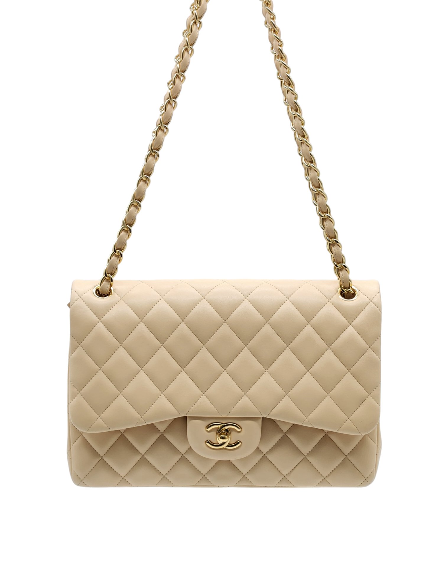 Chanel Beige Lambskin Gold CC Jumbo Classic Double Flap Bag