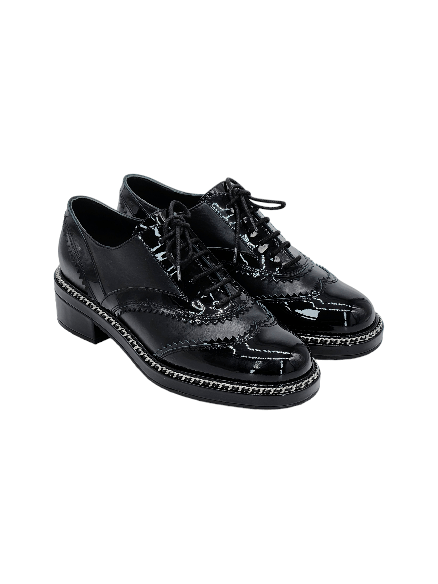Chanel Black Lambskin Patent Calfskin Brogue Lace Up Oxfords 38 Fiyat