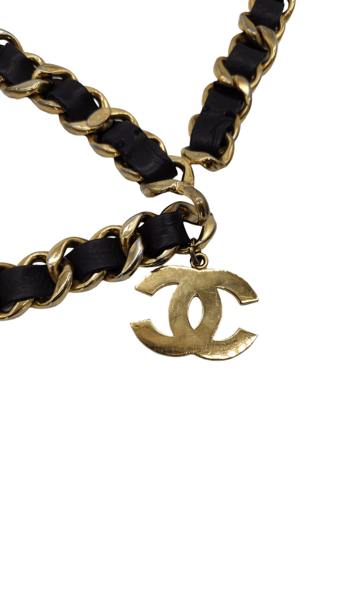 Chanel Black Leather Gold Chain CC Vintage Belt 85