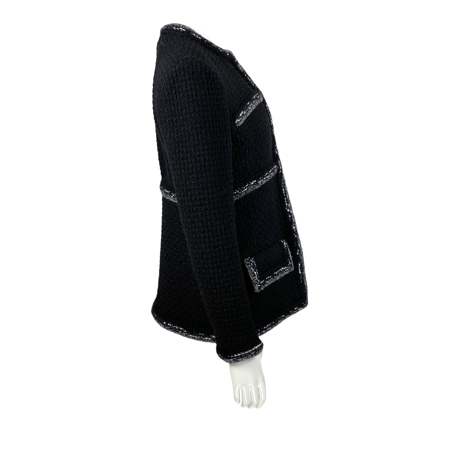 Chanel Black Navy Blue Grey Tweed Jacket 38