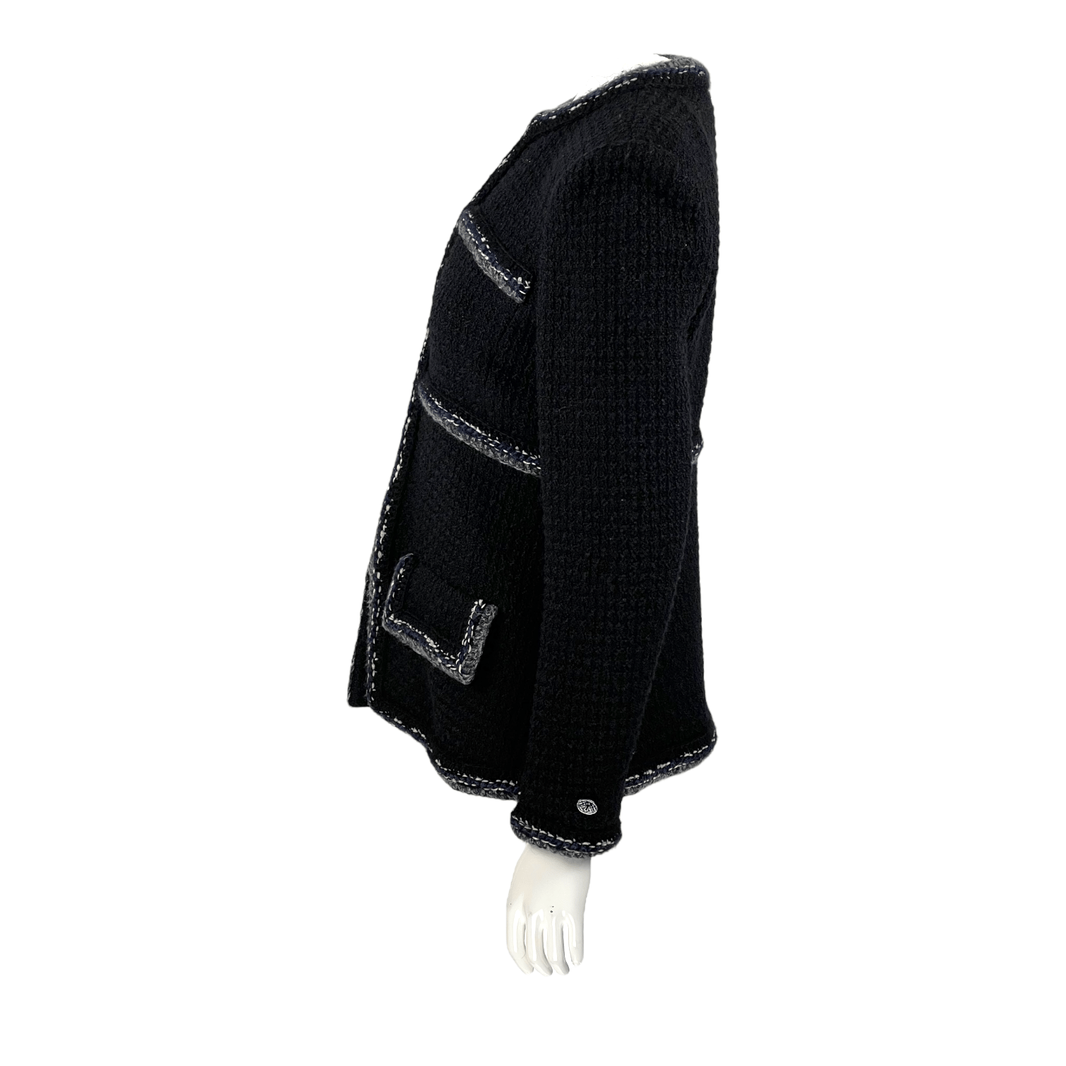 Chanel Black Navy Blue Grey Tweed Jacket 38