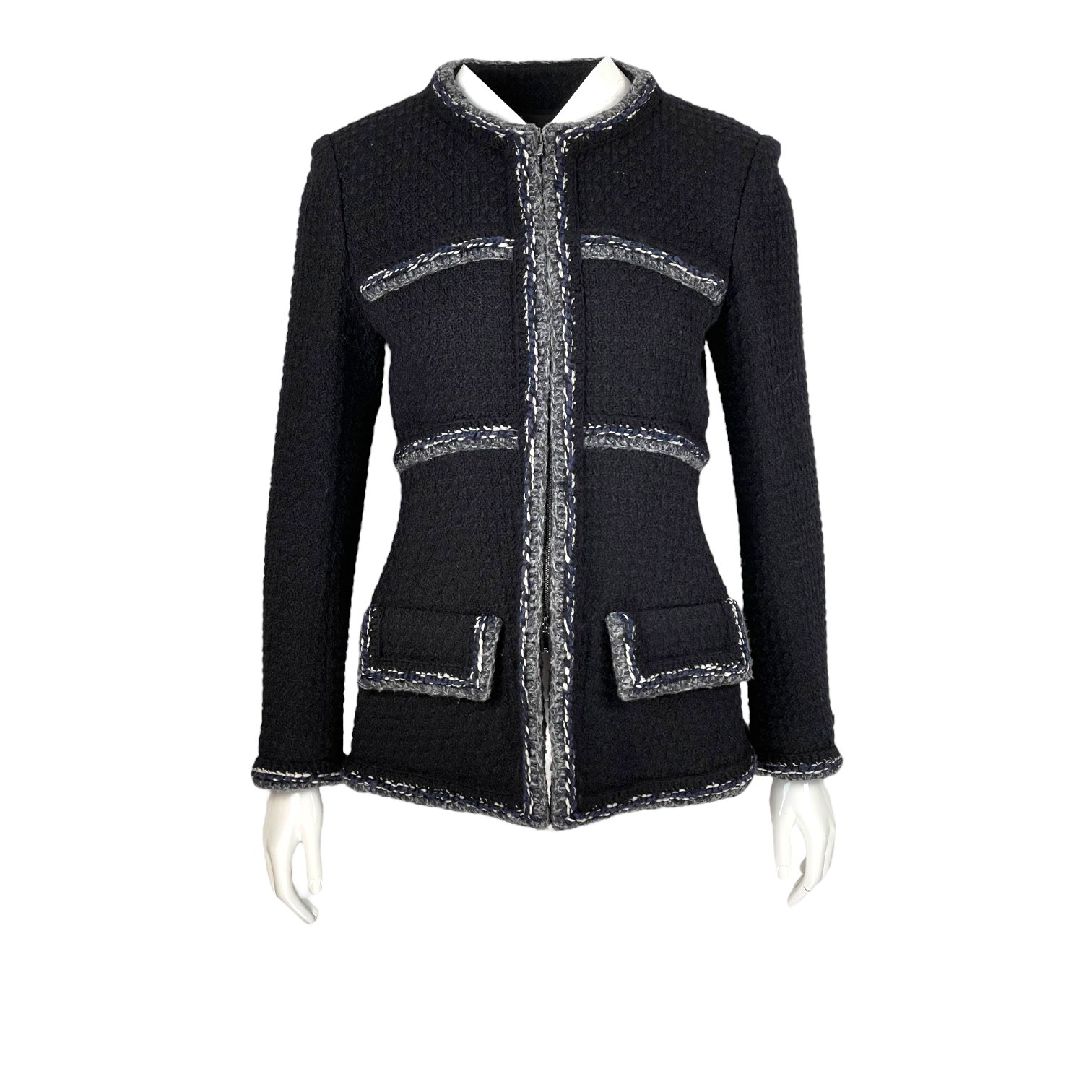 Chanel Black Navy Blue Grey Tweed Jacket 38