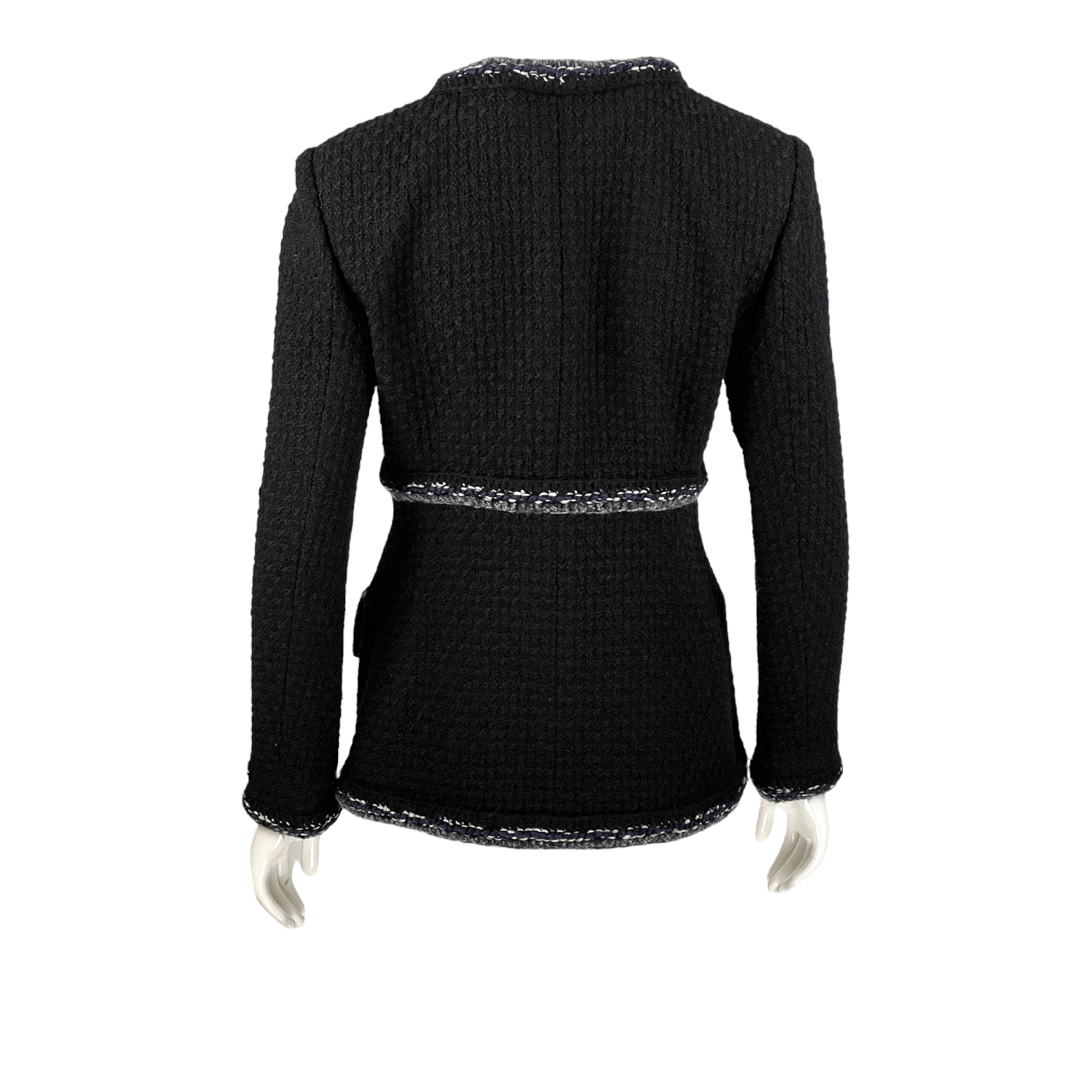 Chanel Black Navy Blue Grey Tweed Jacket 38