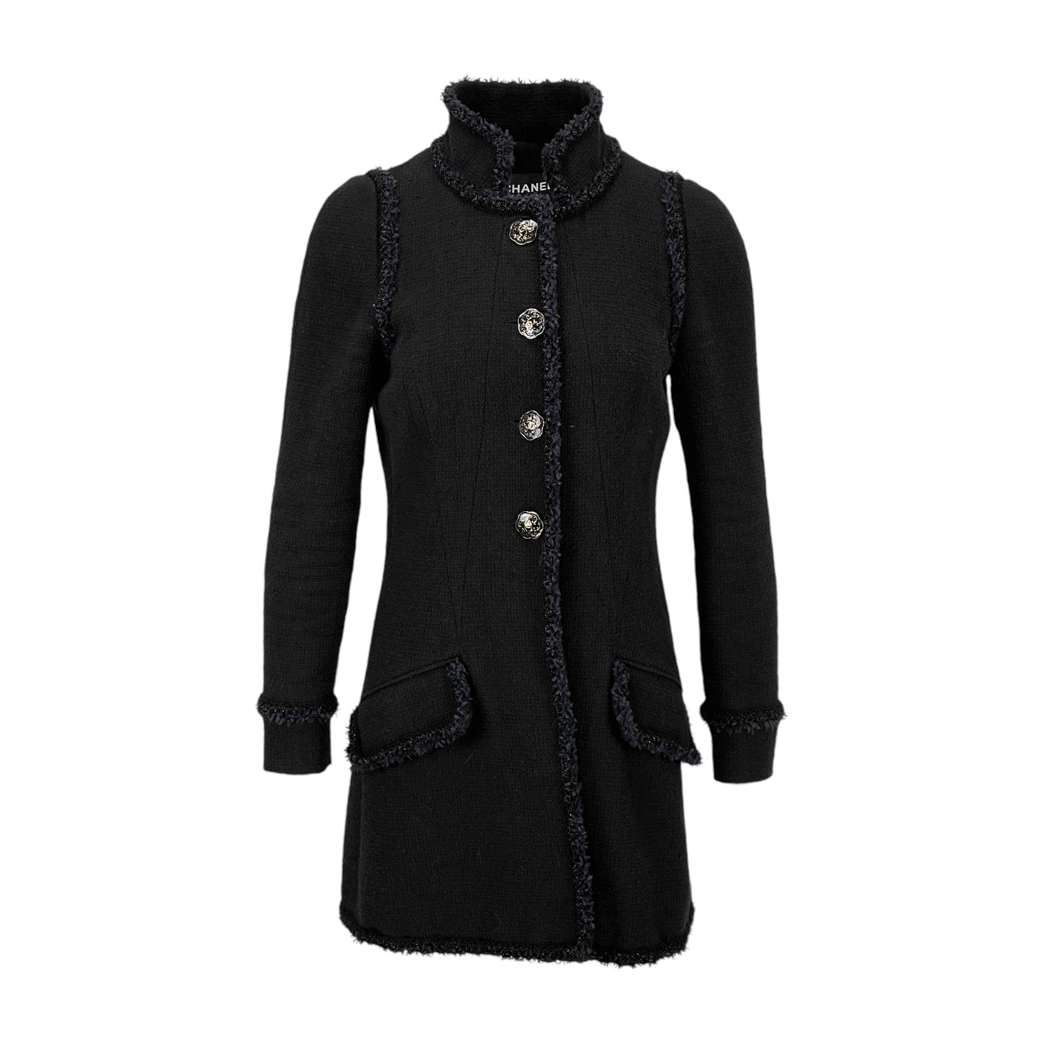 Chanel Black Navy Blue Tweed Braided Trim Enamel Camellia CC Button 2013 Jacket 38